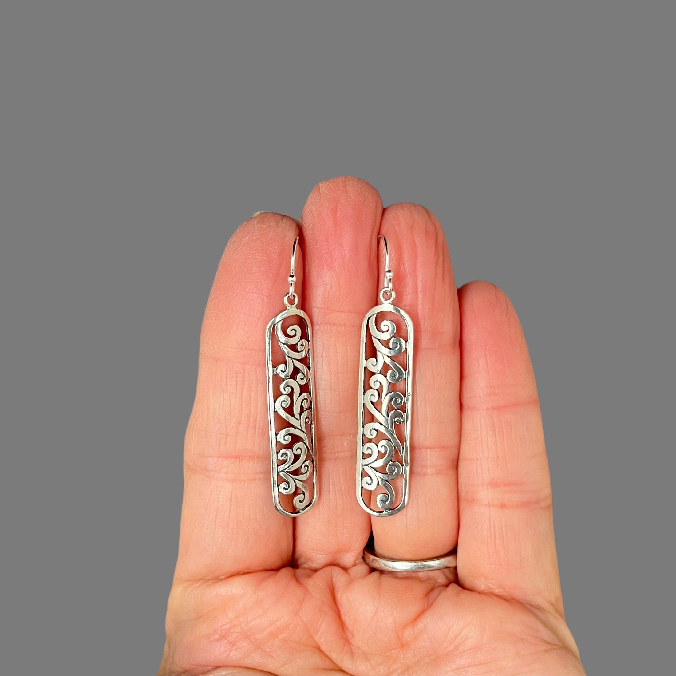 Long Bali Sterling Silver Filigree Scroll Dangle Earrings