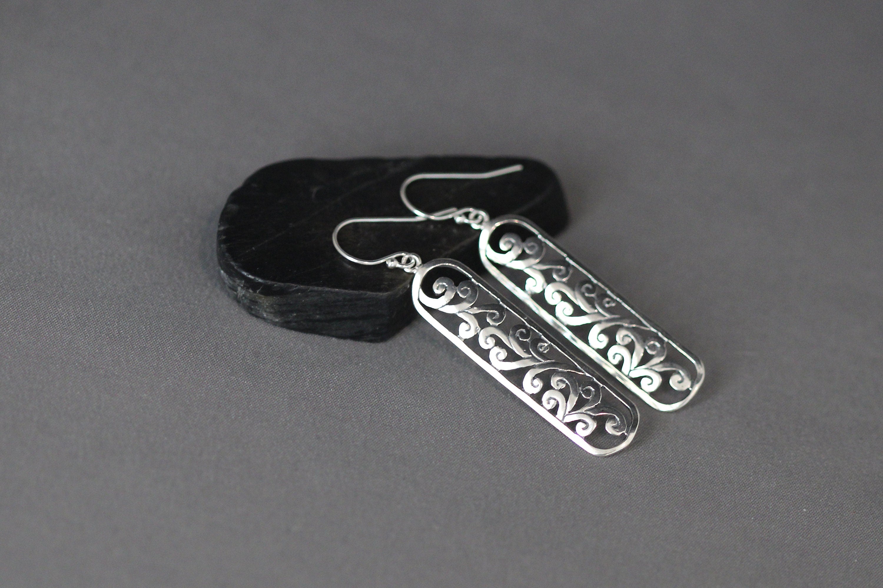 Long Bali Sterling Silver Filigree Scroll Dangle Earrings