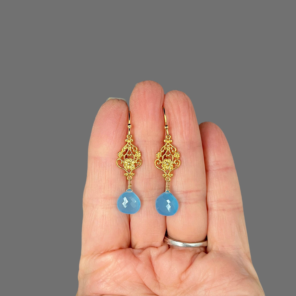 Blue Chalcedony Teardrop and Gold Vermeil Floral Link Dangle Earrings