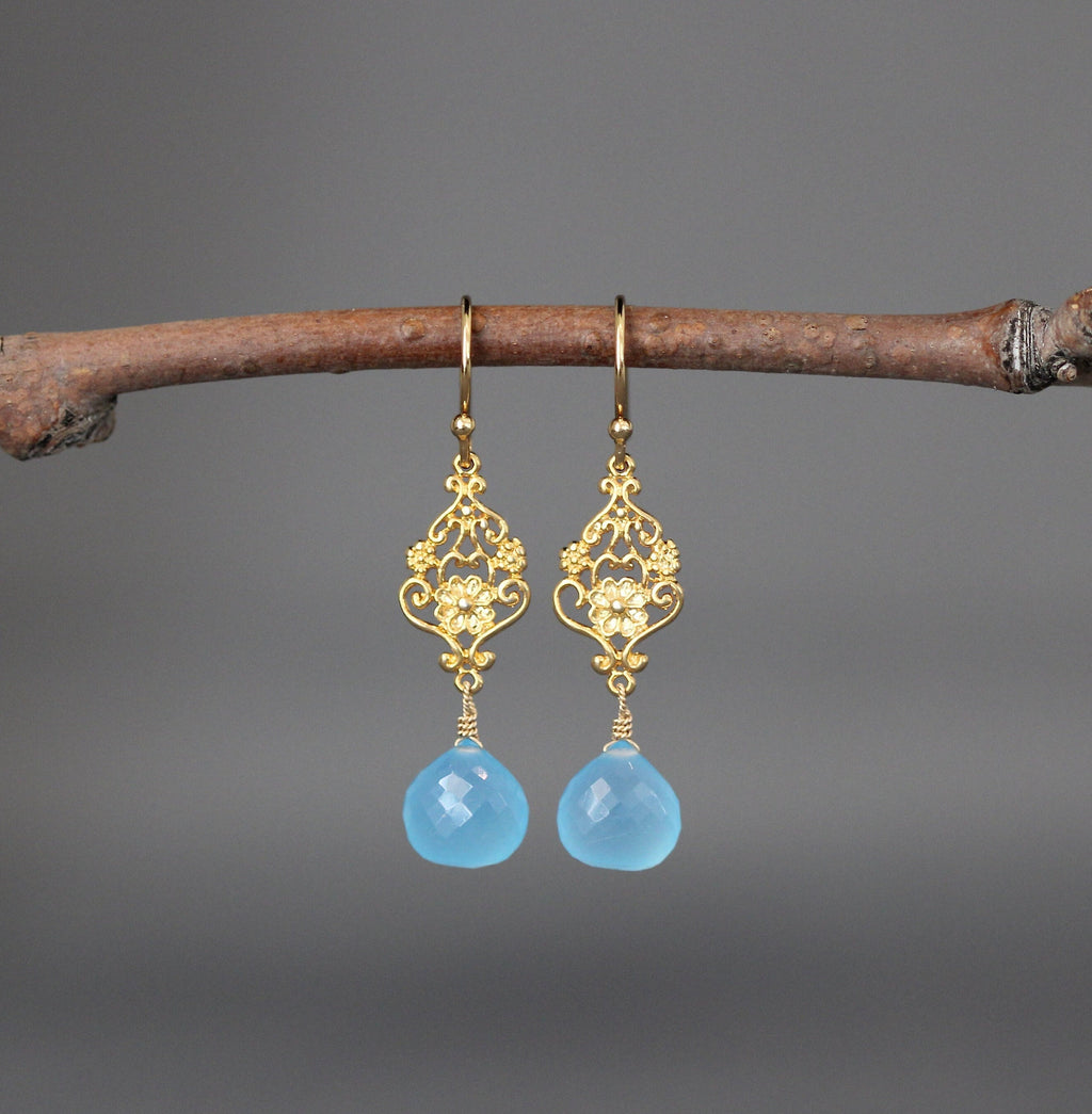 Blue Chalcedony Teardrop and Gold Vermeil Floral Link Dangle Earrings