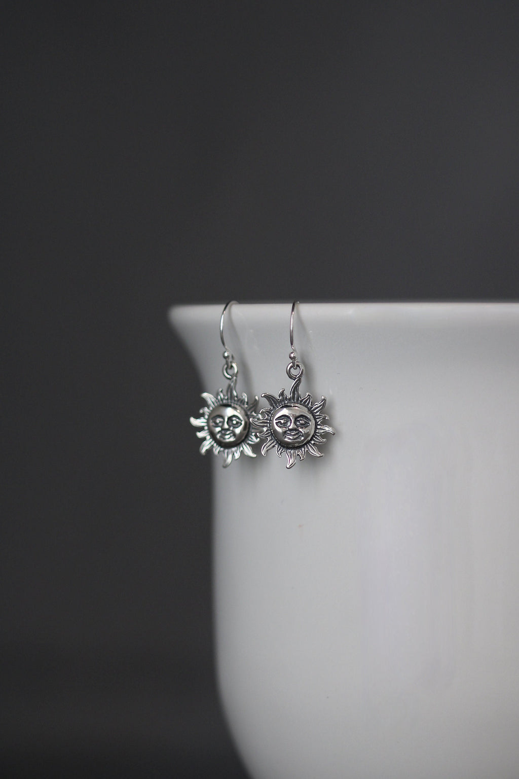Bali Silver Sun Face Charm Dangle Earrings