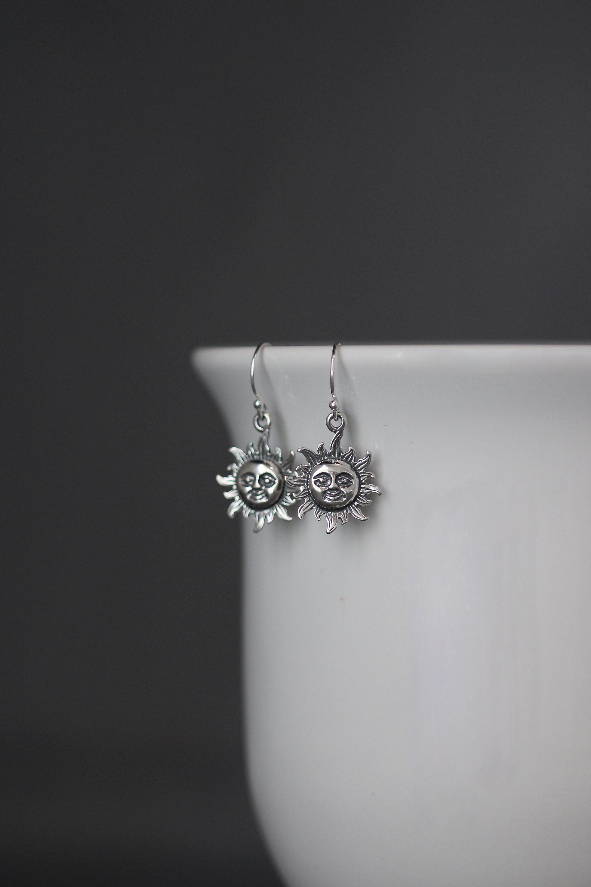 Bali Silver Sun Face Charm Dangle Earrings