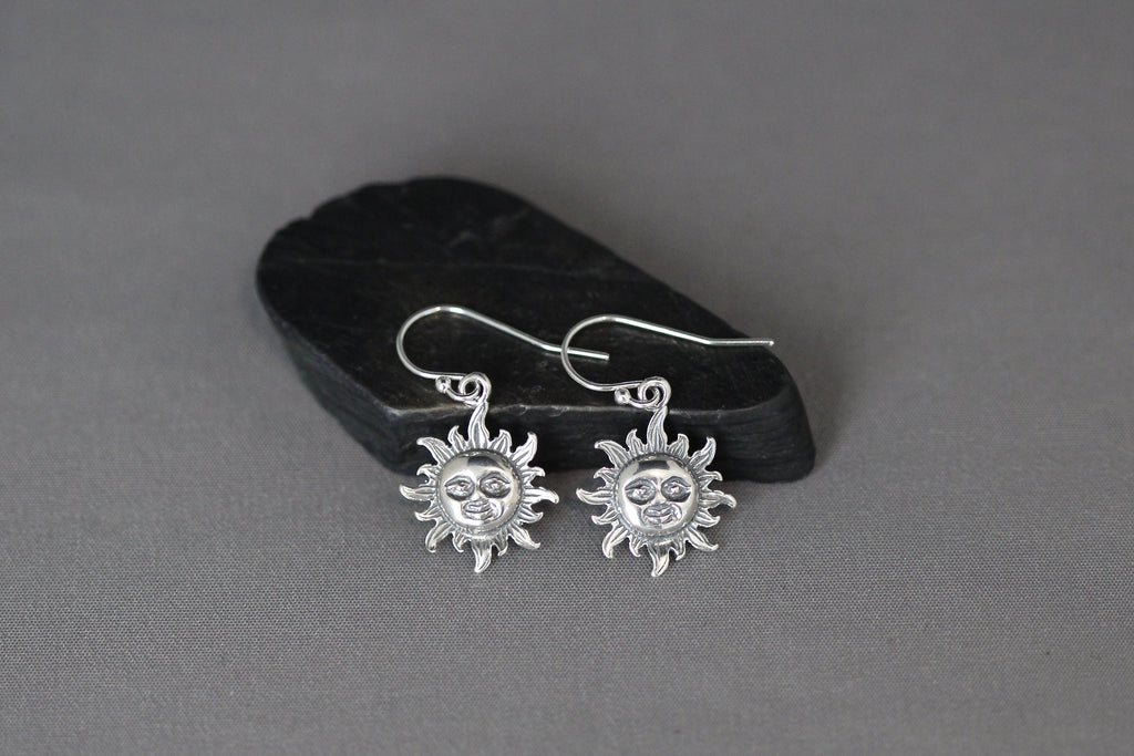 Bali Silver Sun Face Charm Dangle Earrings