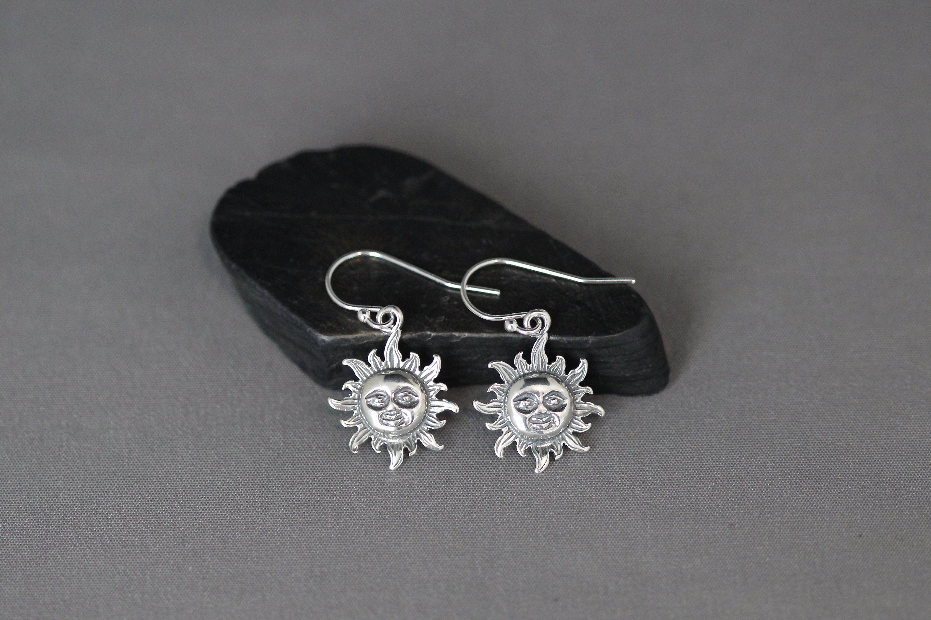 Bali Silver Sun Face Charm Dangle Earrings