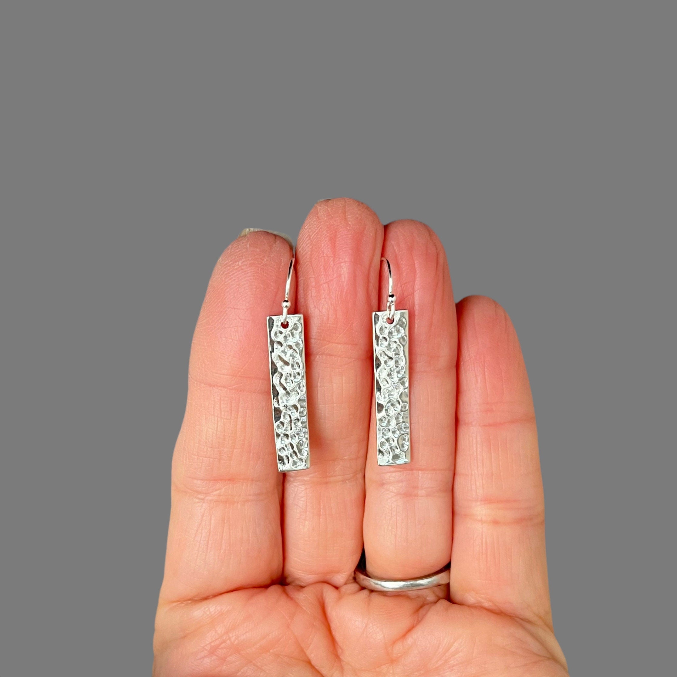 Hammered Bali Silver Rectangle Dangle Earrings
