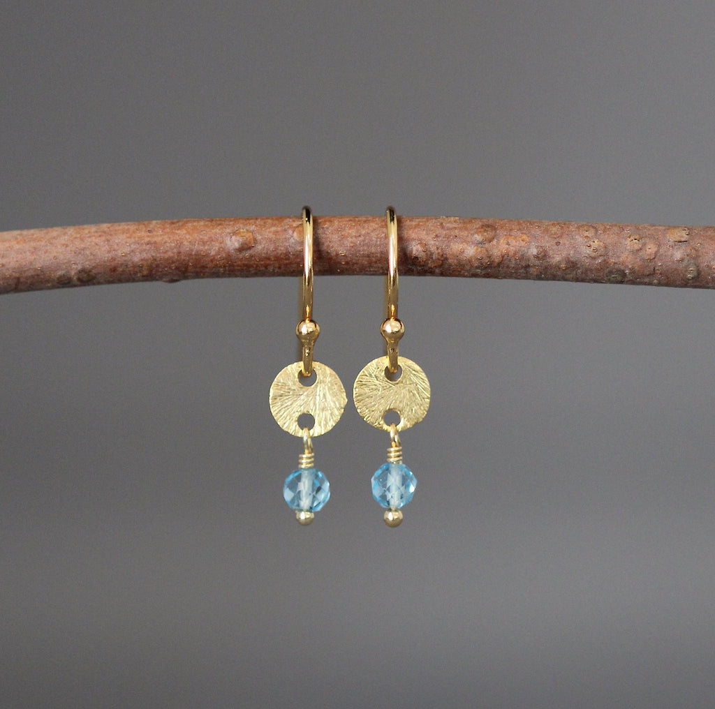 Blue Topaz Earrings on Brushed Gold Vermeil Disc Links