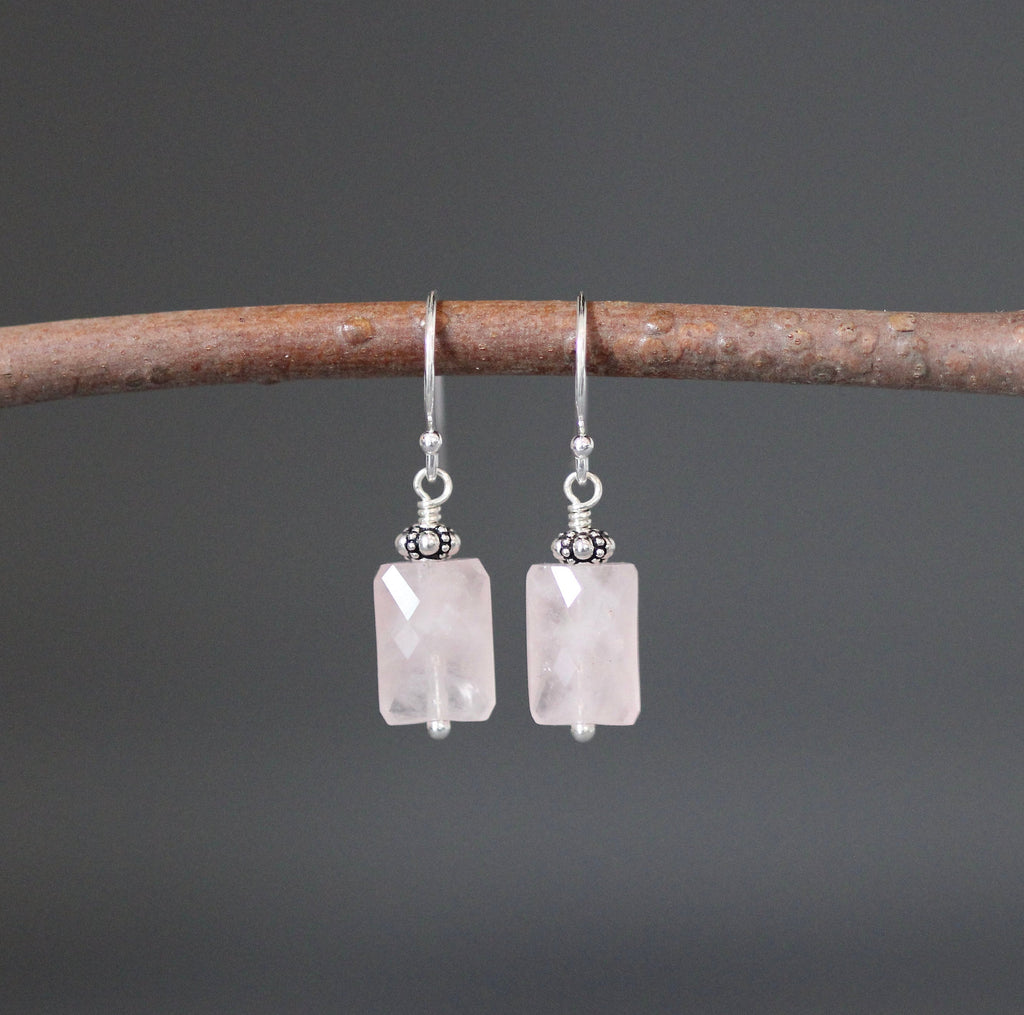 Rose Quartz Rectangle Stone Dangle Earrings with Bali Sterling Silver Beads
