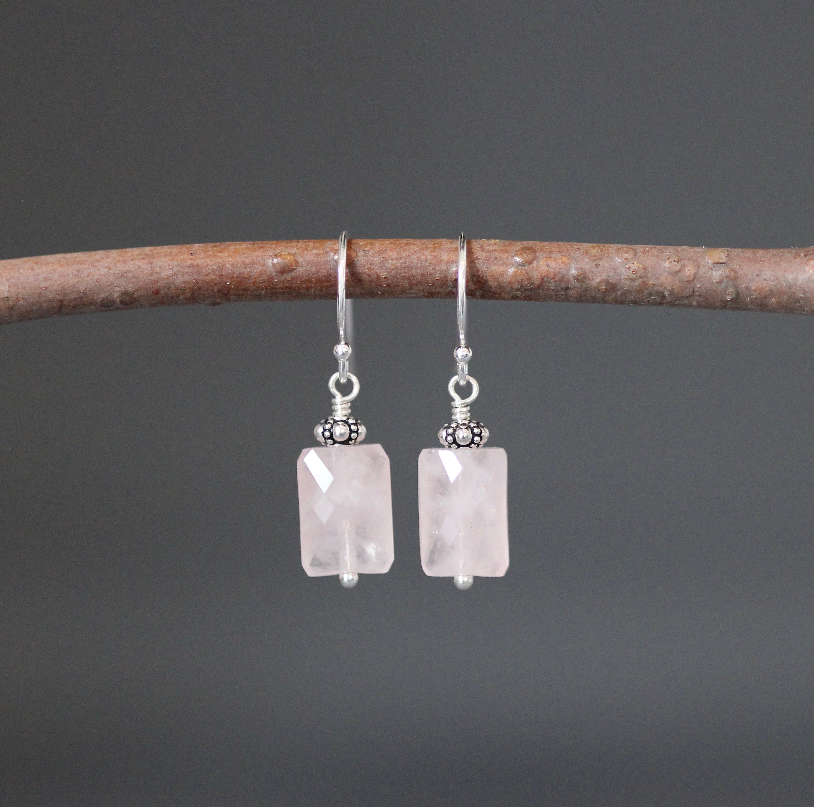 Rose Quartz Rectangle Stone Dangle Earrings with Bali Sterling Silver Beads