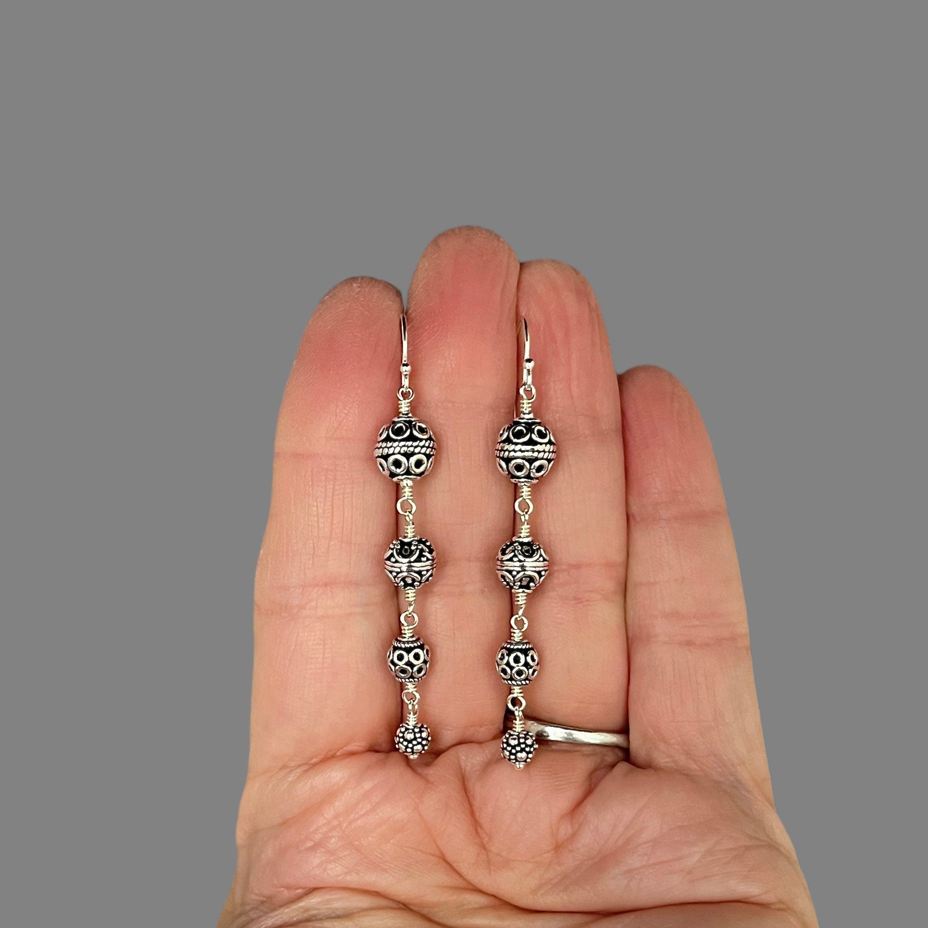 Graduated Bali Sterling Silver Multi-Bead Statement Dangle Earrings