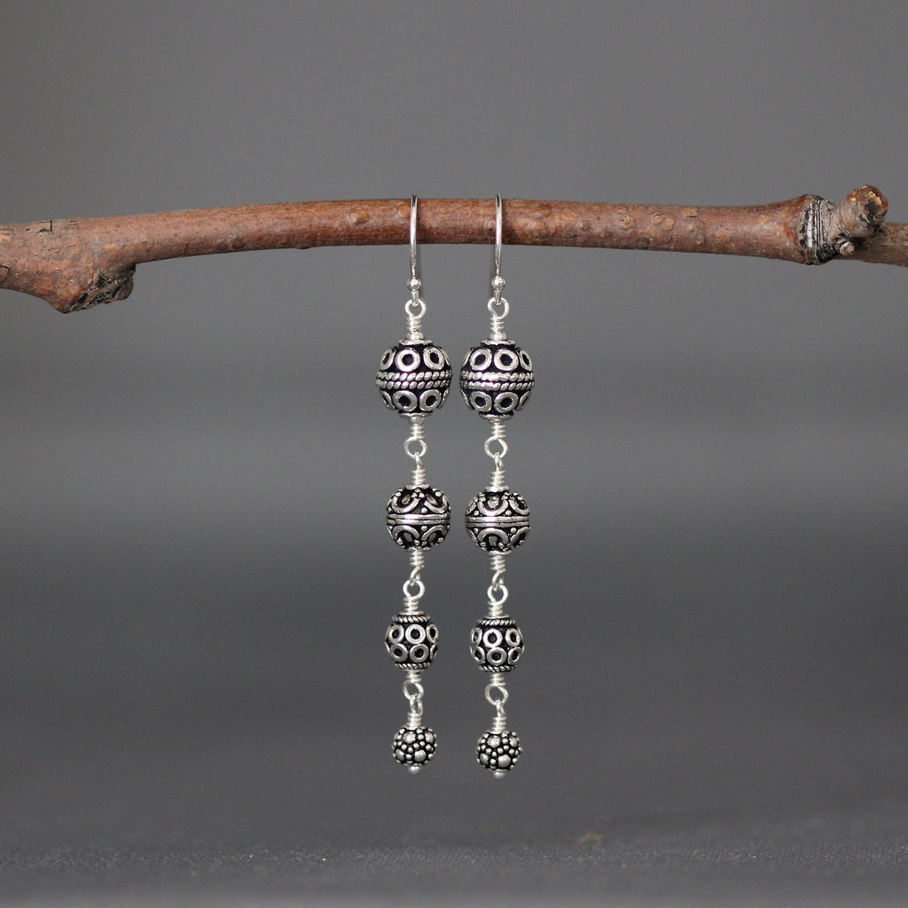Graduated Bali Sterling Silver Multi-Bead Statement Dangle Earrings