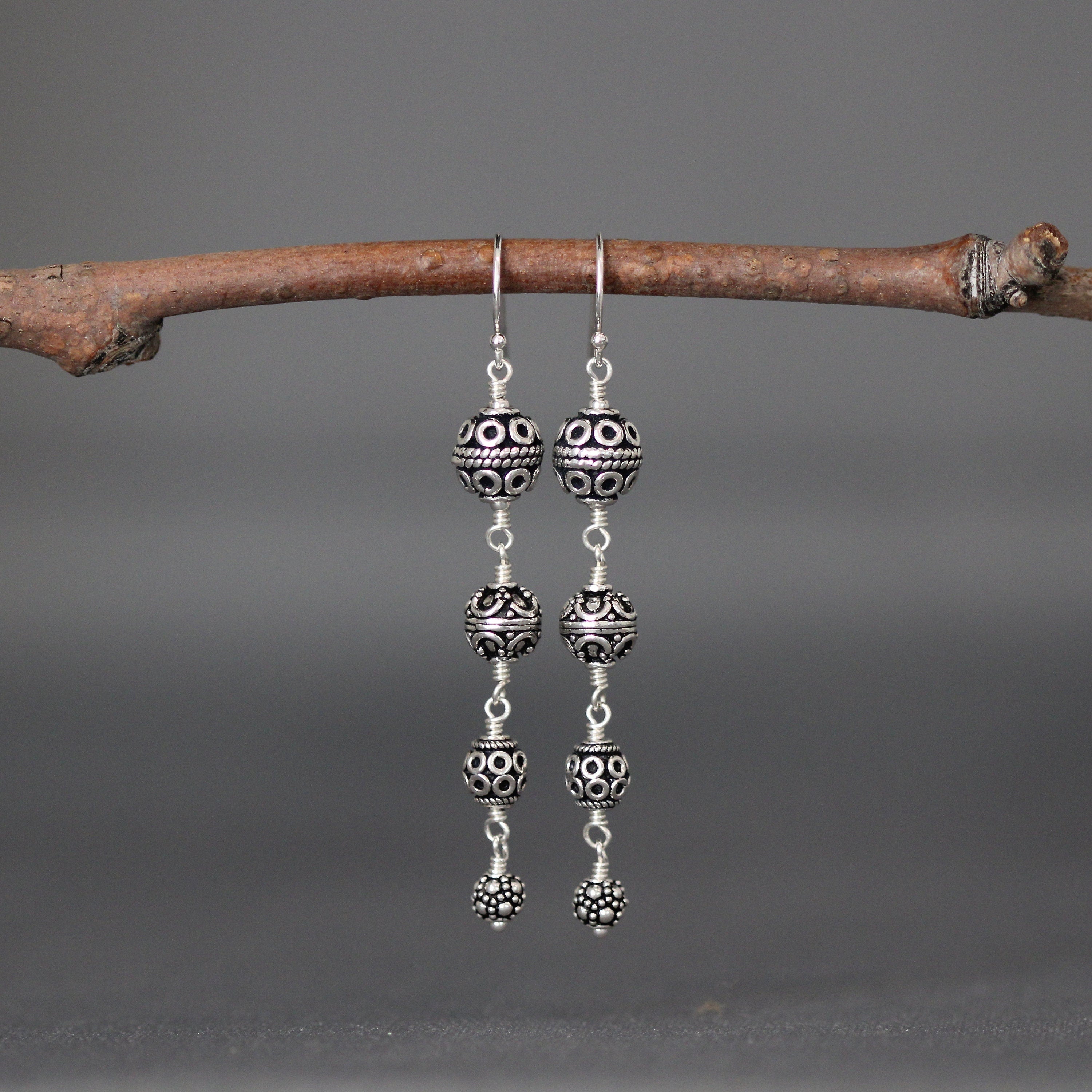 Graduated Bali Sterling Silver Multi-Bead Statement Dangle Earrings