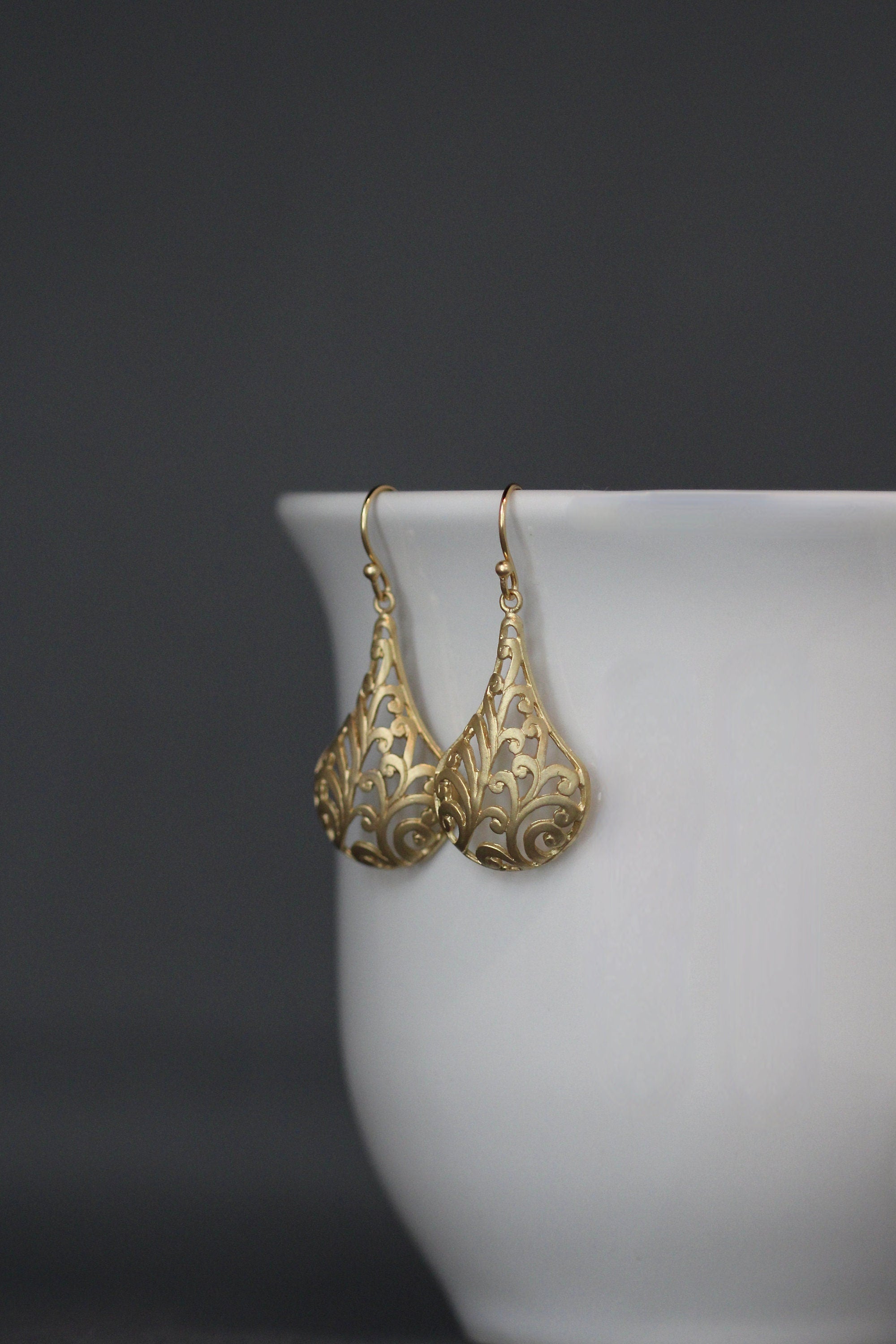 Matte Gold Vermeil Long Filigree Statement Dangle Earrings