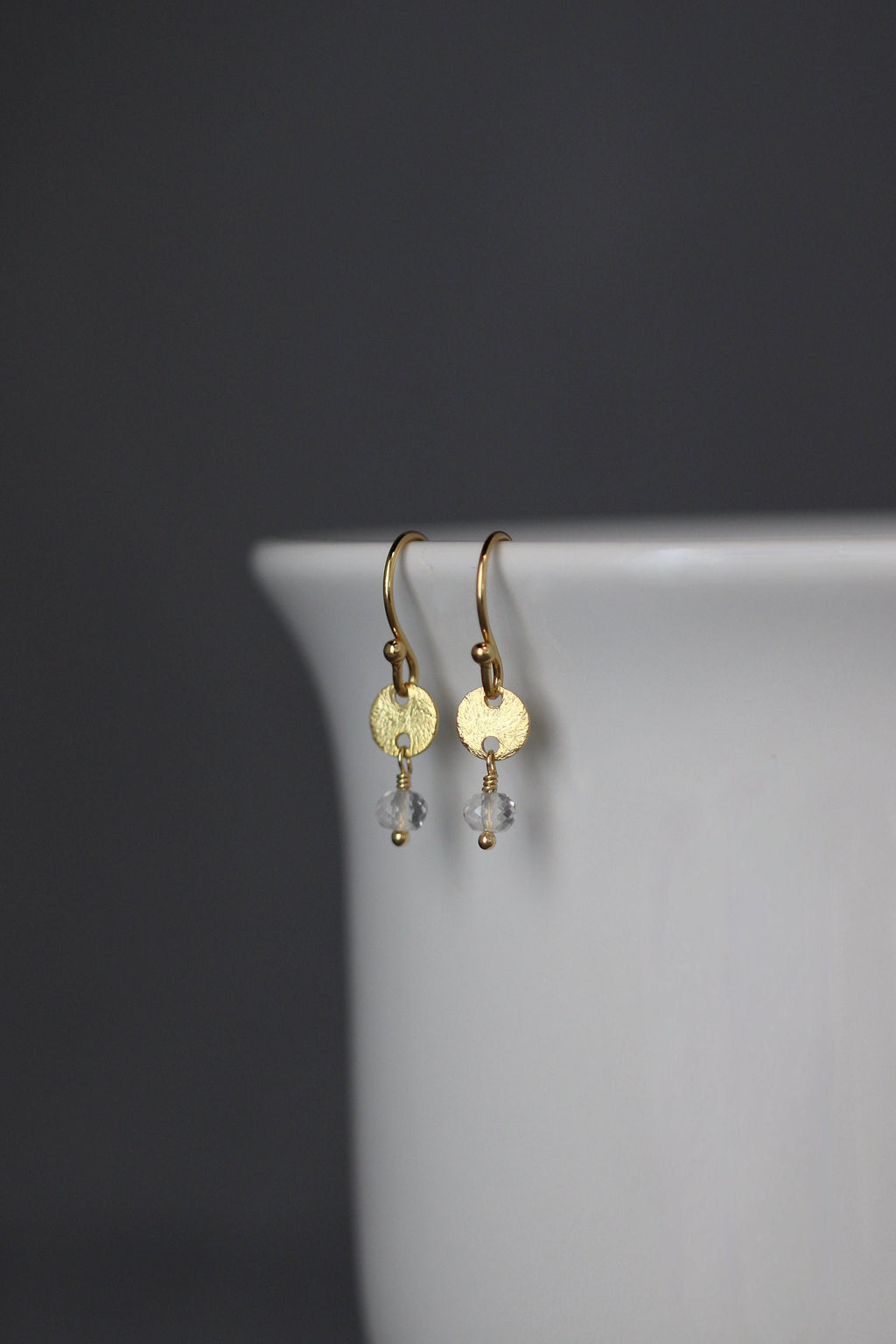 Quartz Crystal on Brushed Gold Vermeil Disc Dangle Earrings