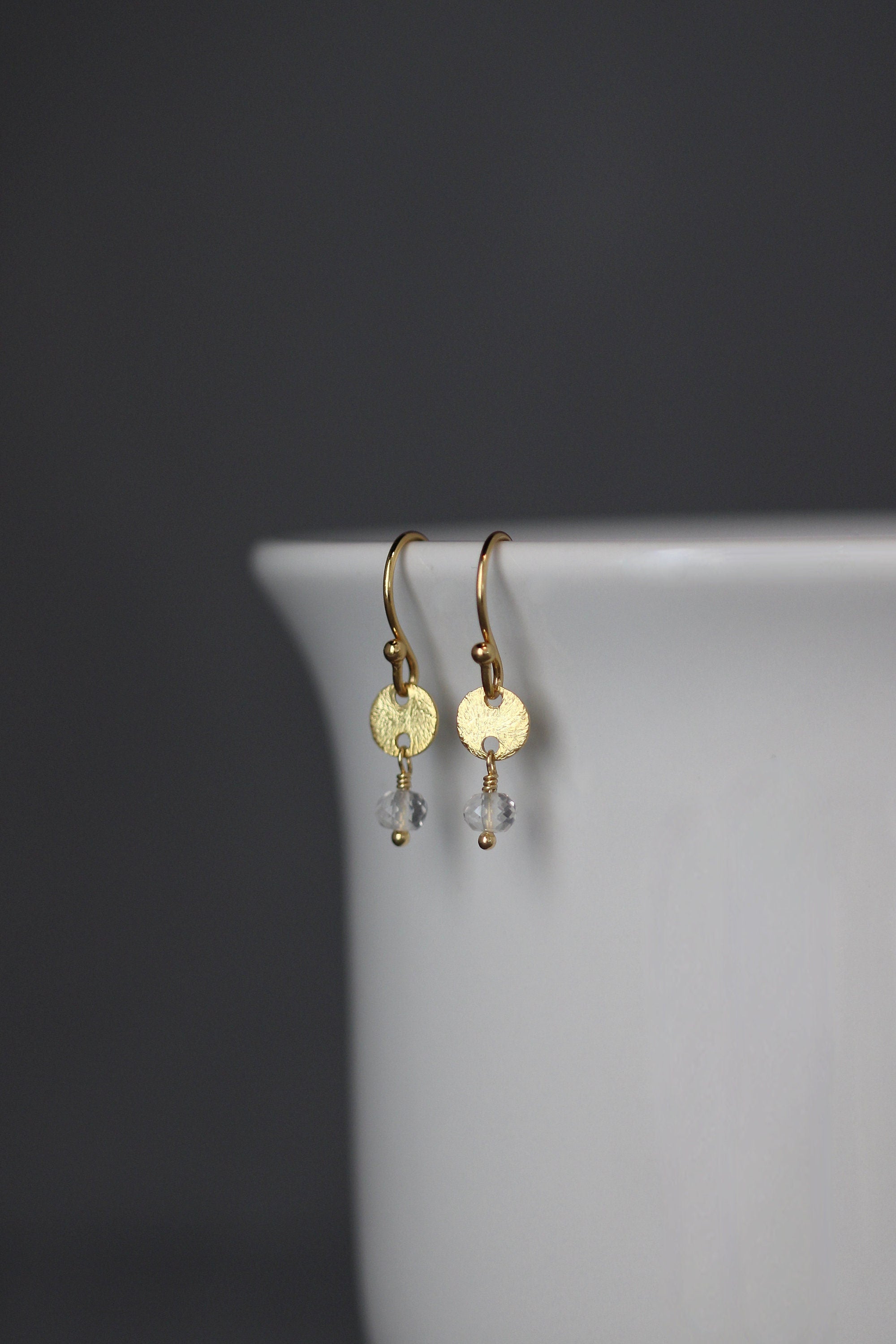 Quartz Crystal on Brushed Gold Vermeil Disc Dangle Earrings