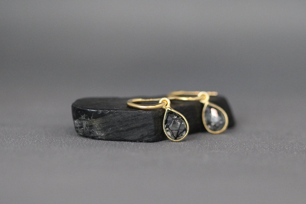 Black Rutilated Quartz Bezel Dangle Earrings with Gold Vermeil Post Hoops