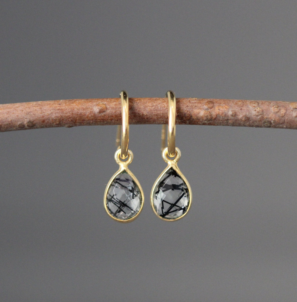 Black Rutilated Quartz Bezel Dangle Earrings with Gold Vermeil Post Hoops