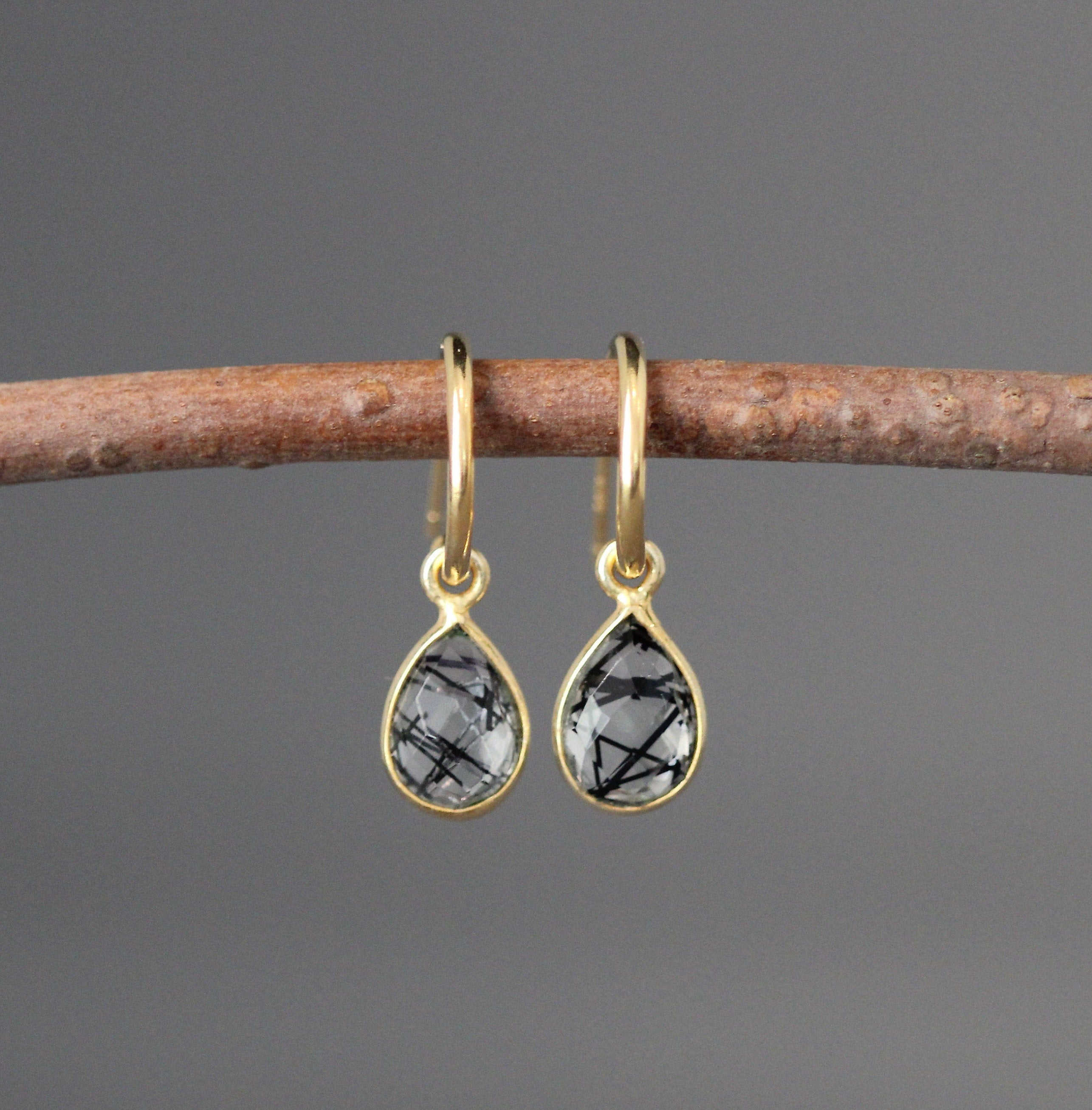 Black Rutilated Quartz Bezel Dangle Earrings with Gold Vermeil Post Hoops