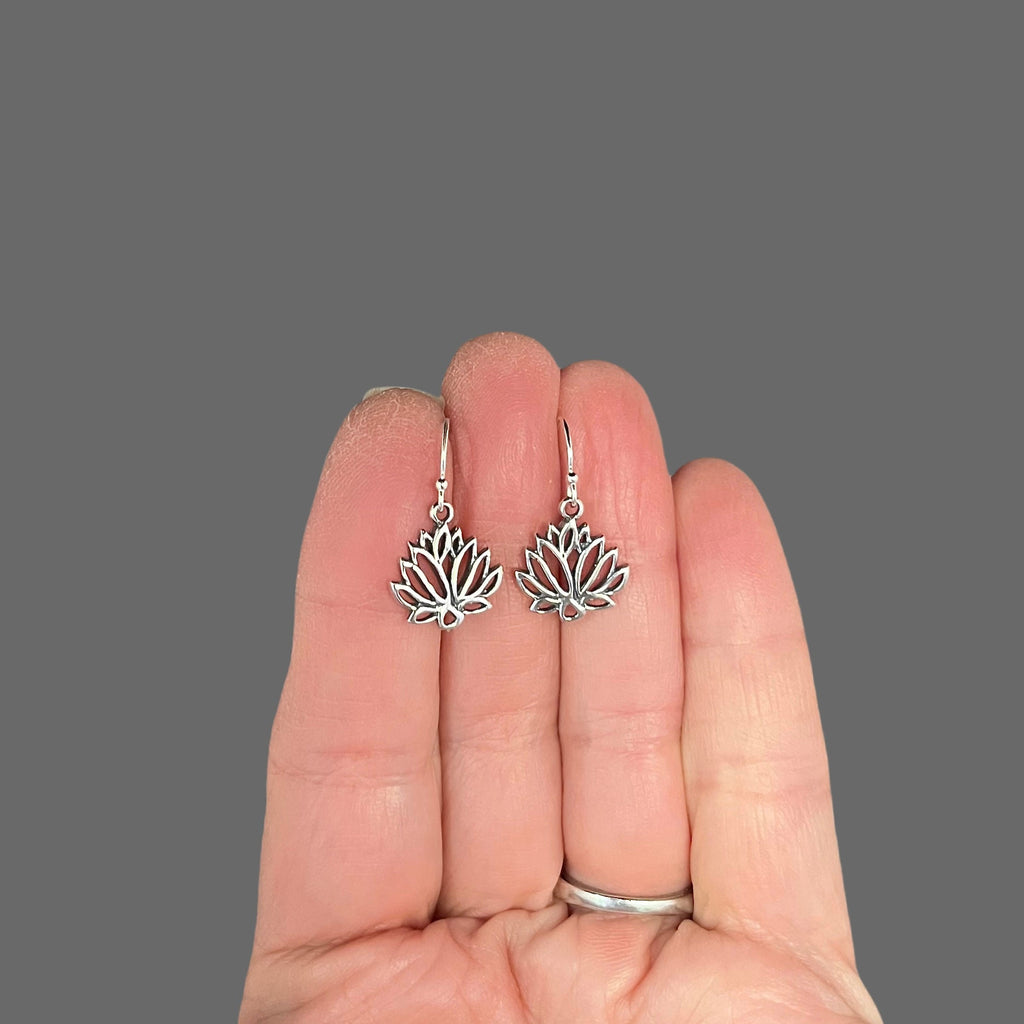 Bali Silver Lotus Flower Charm Dangle Earrings