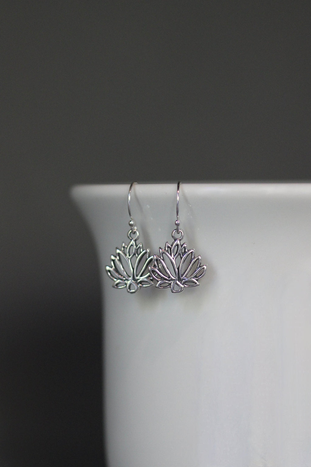 Bali Silver Lotus Flower Charm Dangle Earrings