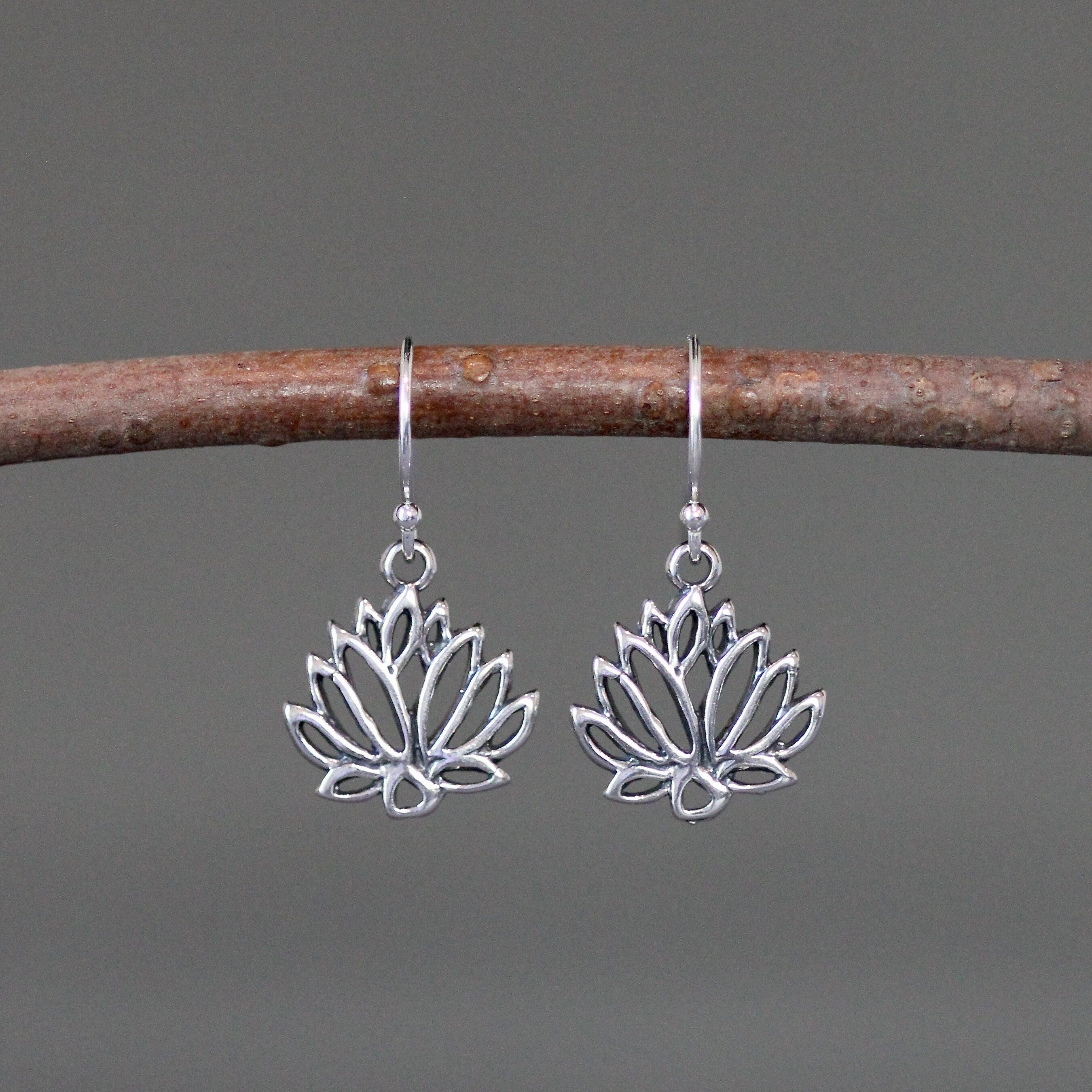 Bali Silver Lotus Flower Charm Dangle Earrings