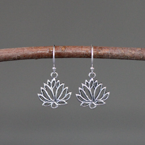 Bali Silver Lotus Flower Charm Dangle Earrings