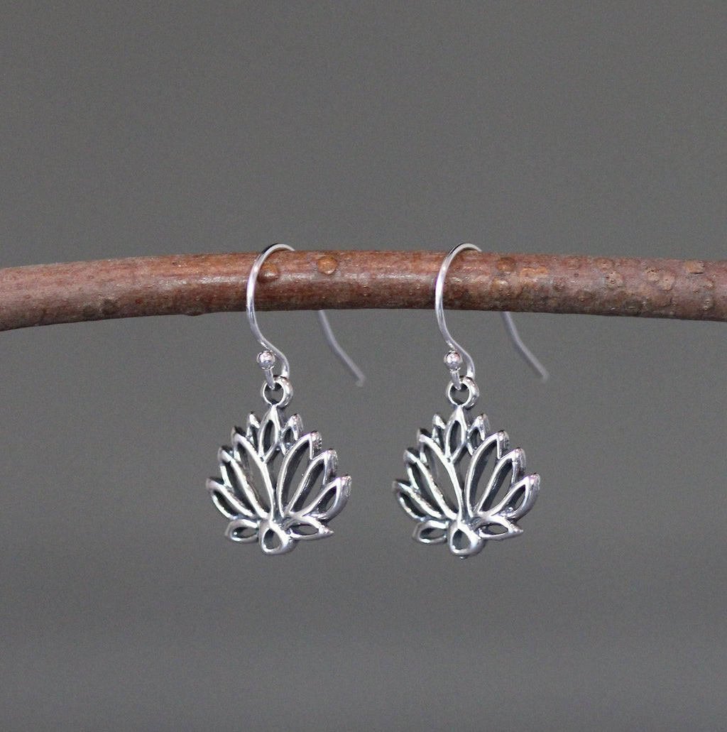 Bali Silver Lotus Flower Charm Dangle Earrings
