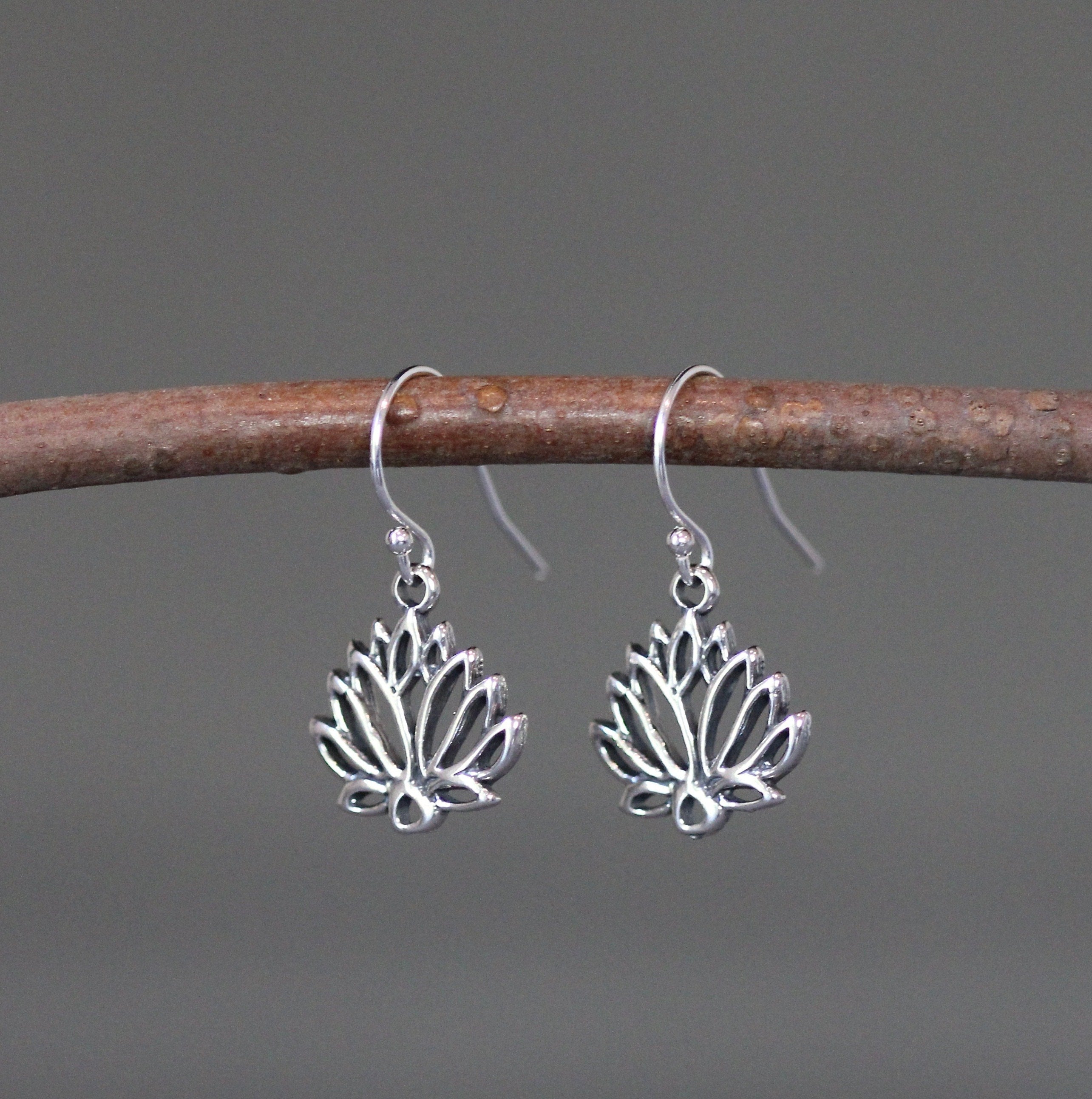 Bali Silver Lotus Flower Charm Dangle Earrings