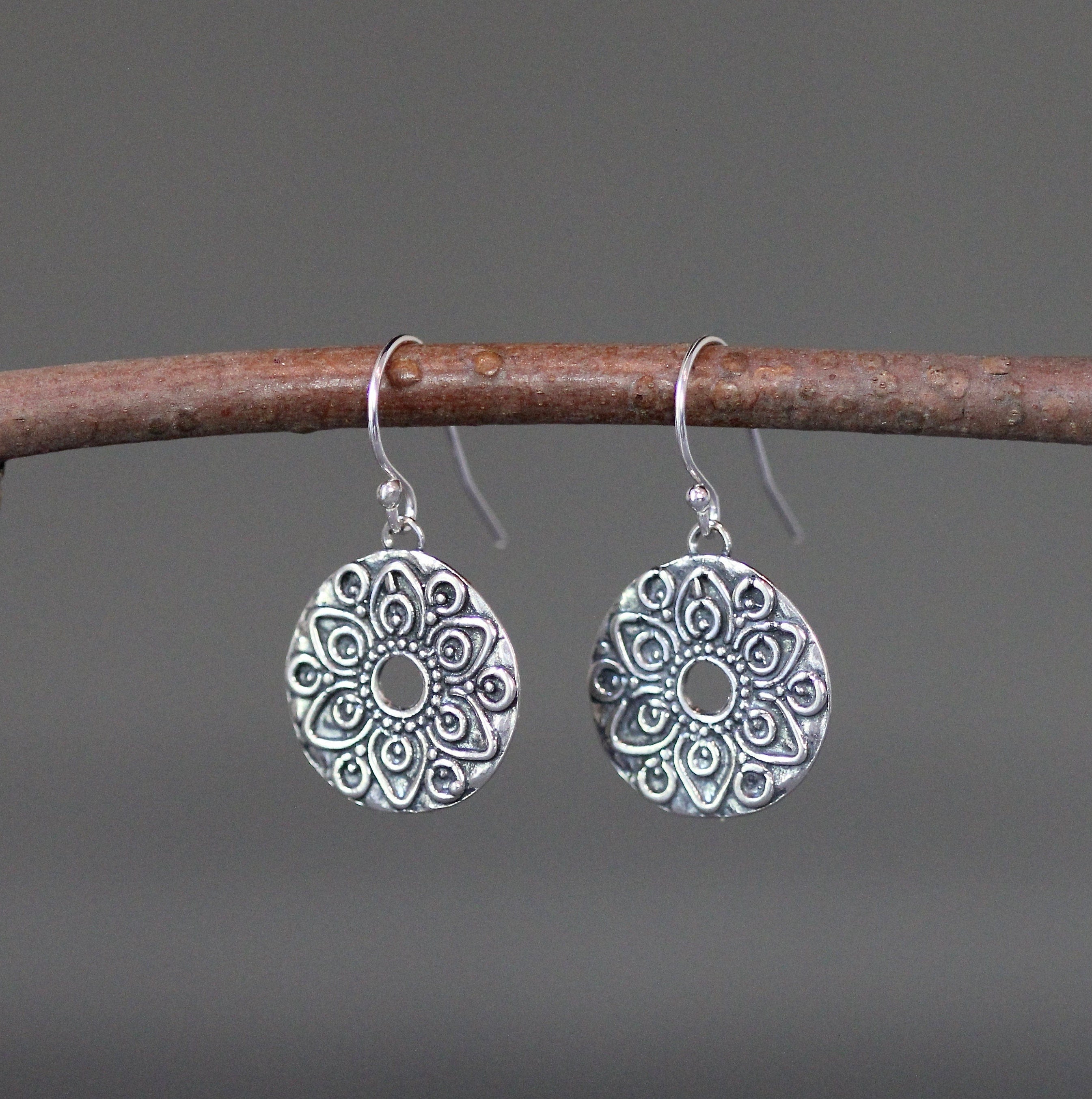 Bali Silver Mandala Charm Earrings