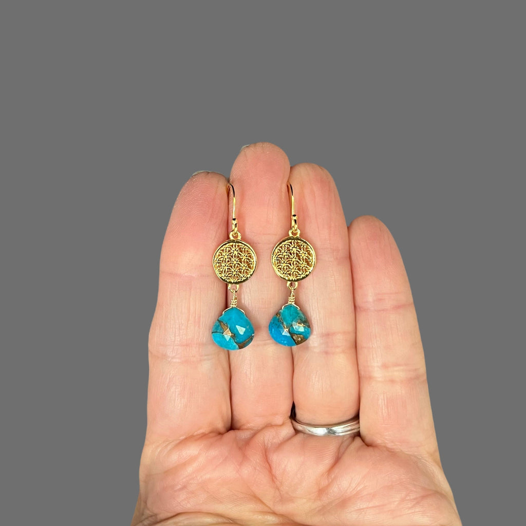 Blue Copper Turquoise Teardrop and Gold Vermeil Link Dangle Earrings