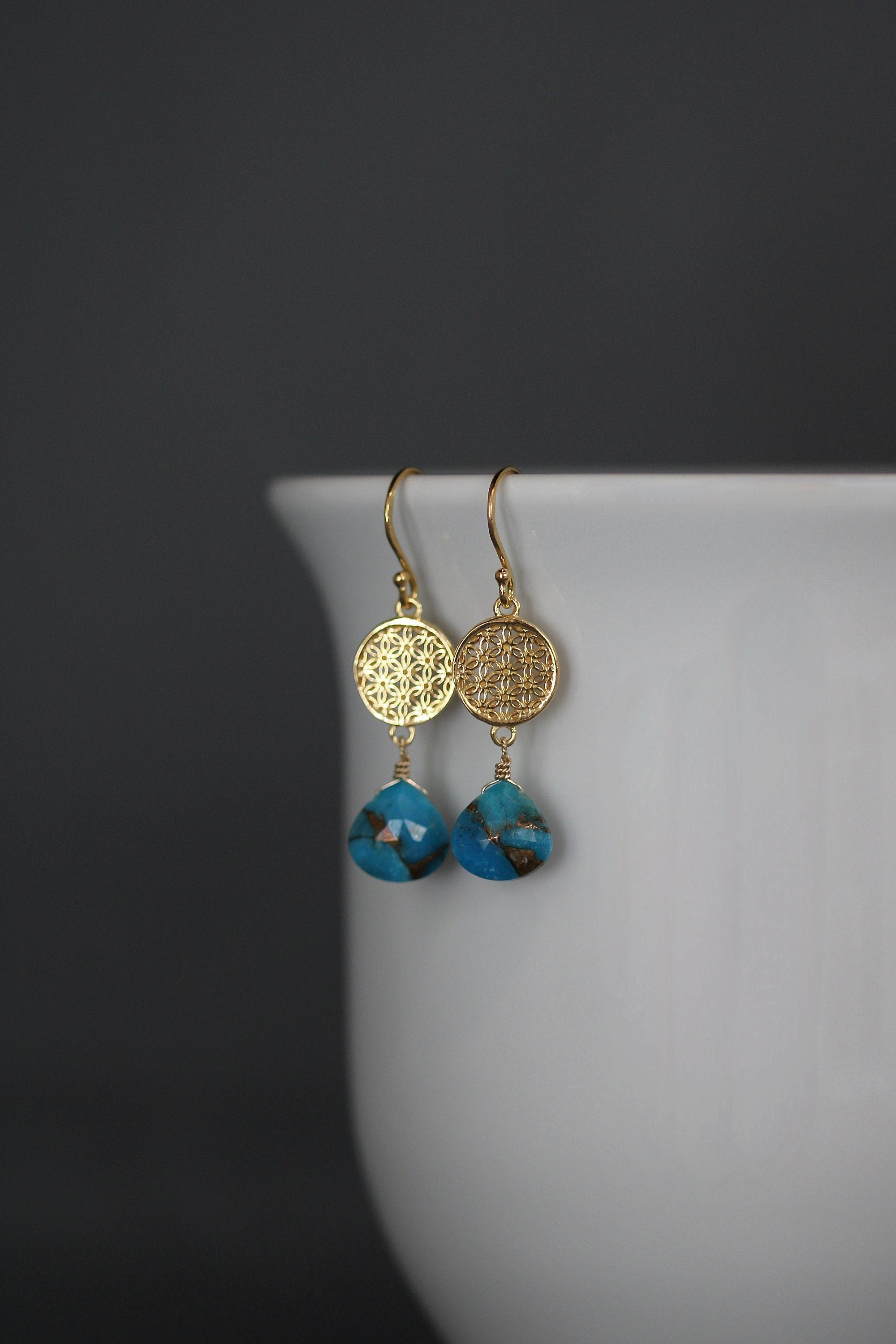 Blue Copper Turquoise Teardrop and Gold Vermeil Link Dangle Earrings