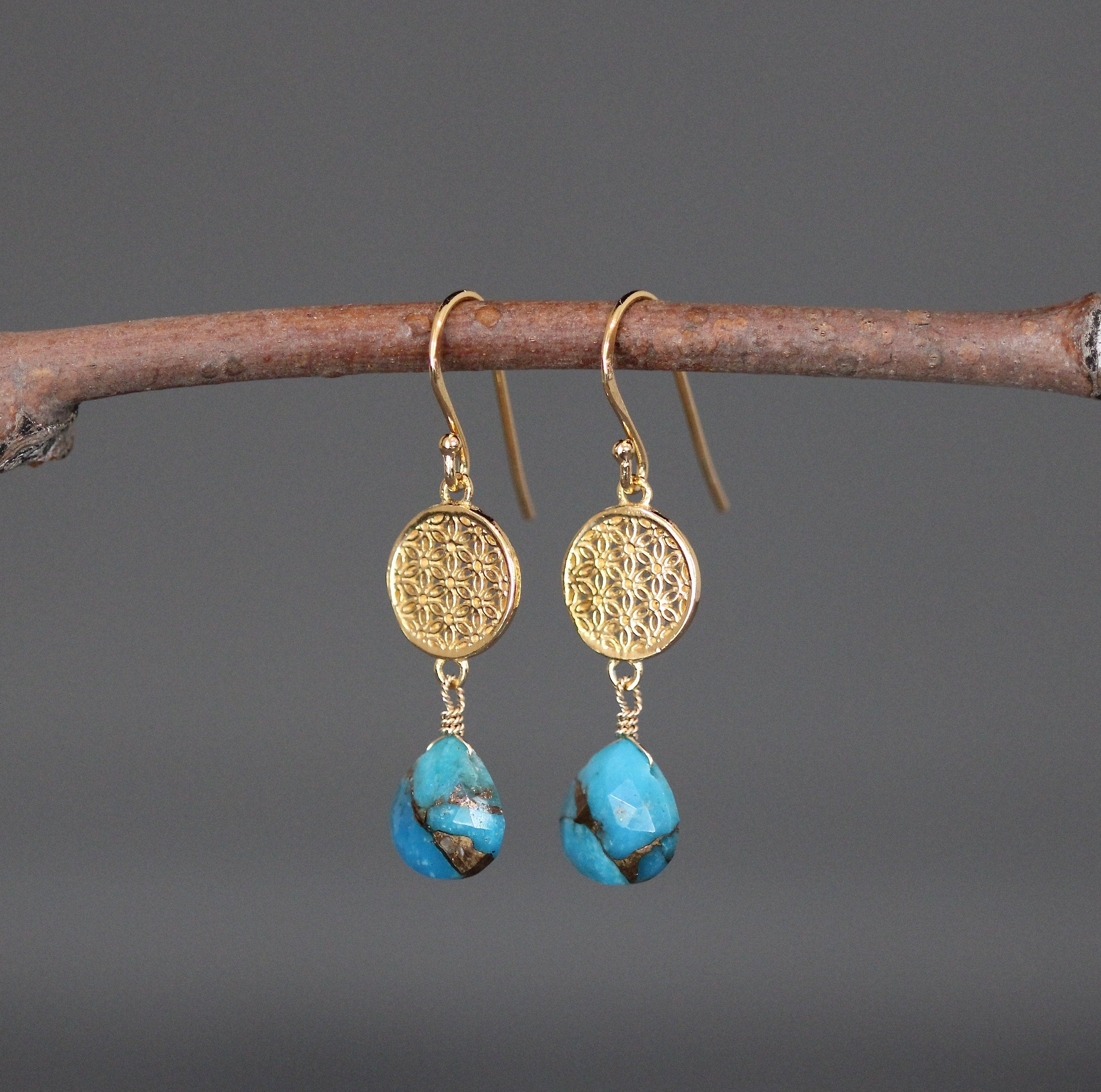 Blue Copper Turquoise Teardrop and Gold Vermeil Link Dangle Earrings