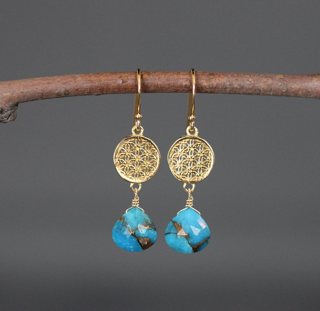 Blue Copper Turquoise Teardrop and Gold Vermeil Link Dangle Earrings