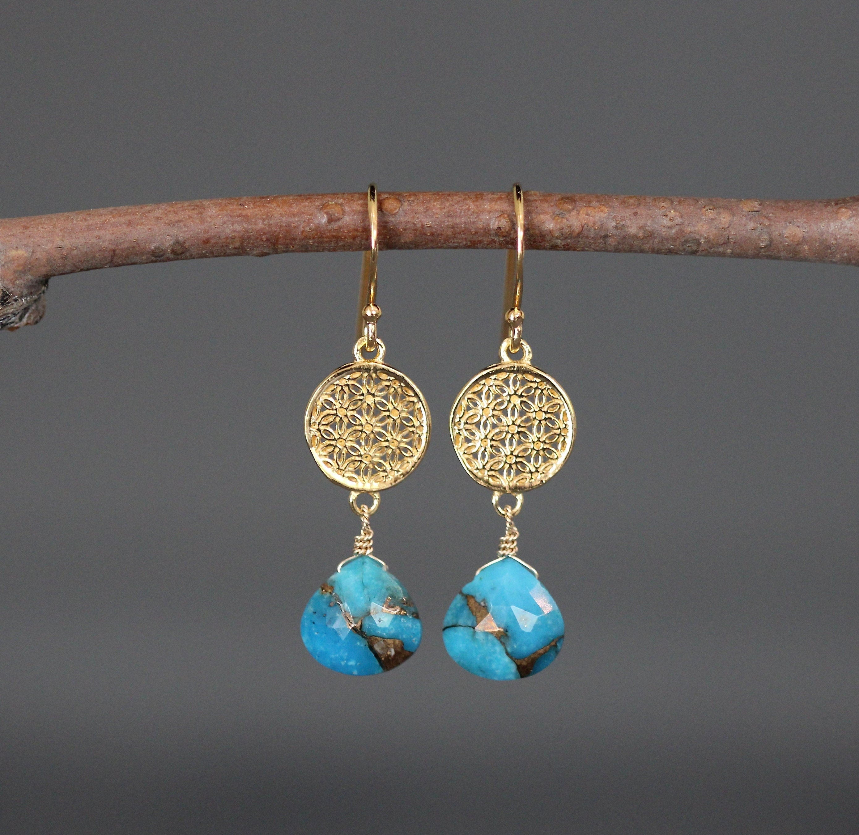 Blue Copper Turquoise Teardrop and Gold Vermeil Link Dangle Earrings