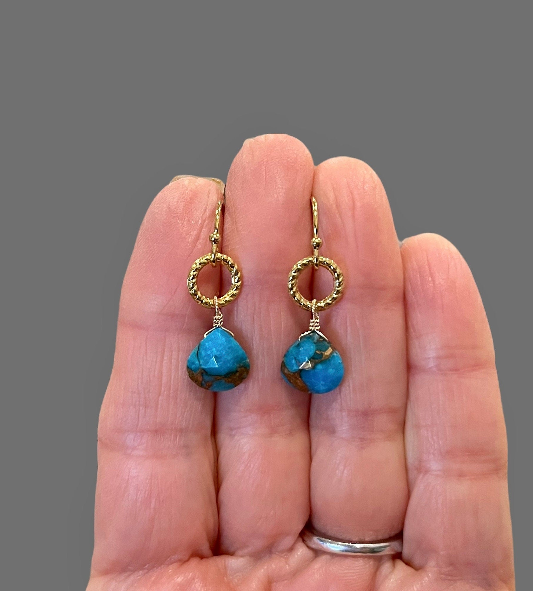 Copper Turquoise Teardrop Earrings on Gold Vermeil Links