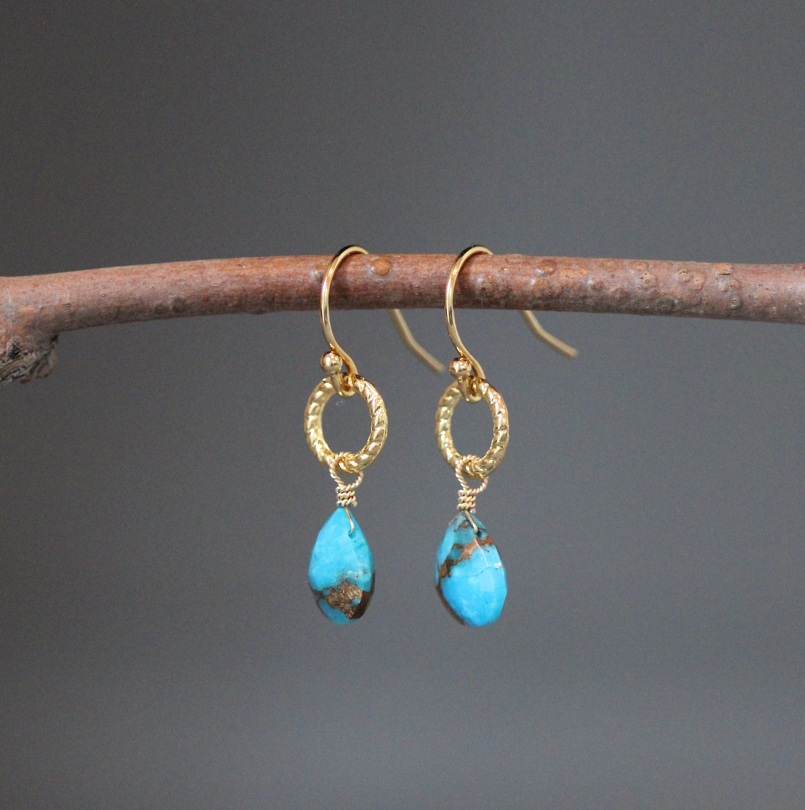 Copper Turquoise Teardrop Earrings on Gold Vermeil Links