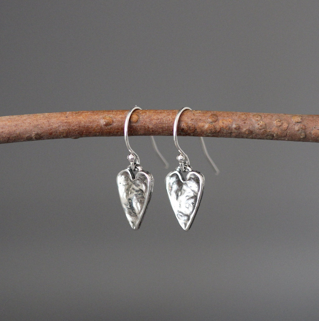Hammered Bali Sterling Silver Heart Charm Dangle Earrings