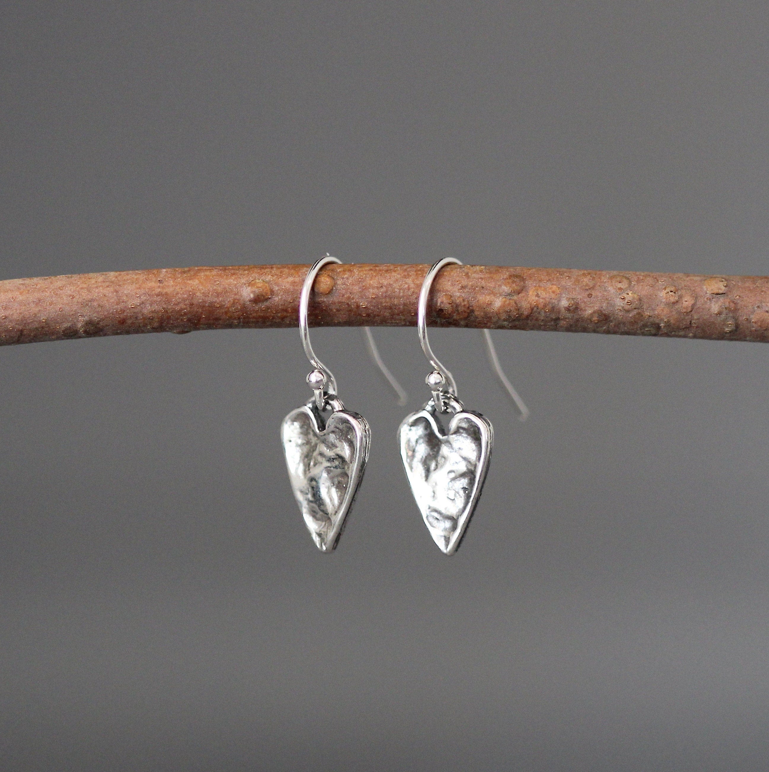 Hammered Bali Sterling Silver Heart Charm Dangle Earrings
