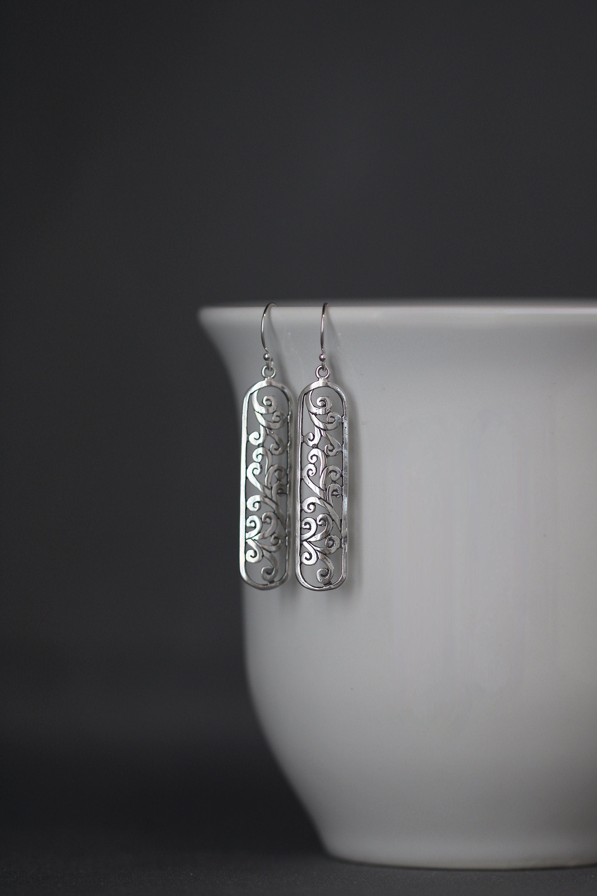 Long Bali Sterling Silver Filigree Scroll Dangle Earrings