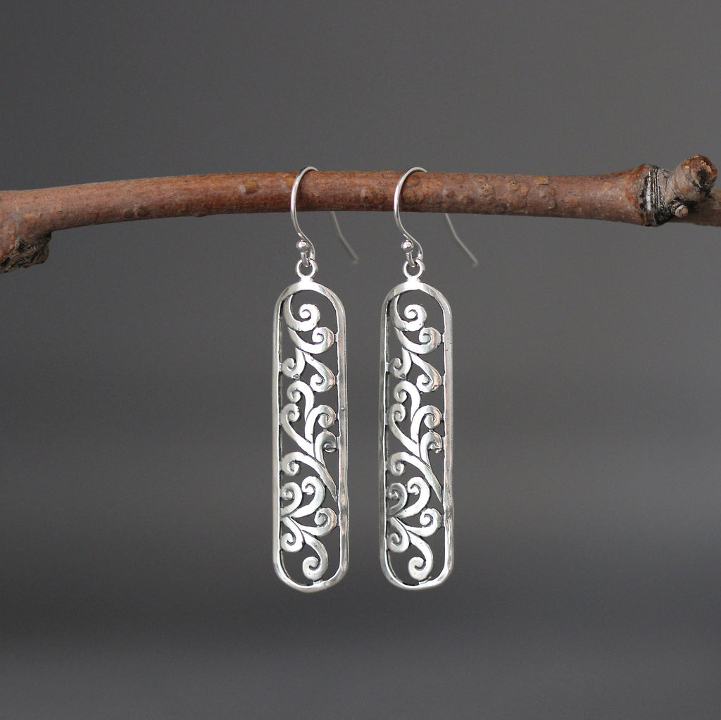 Long Bali Sterling Silver Filigree Scroll Dangle Earrings