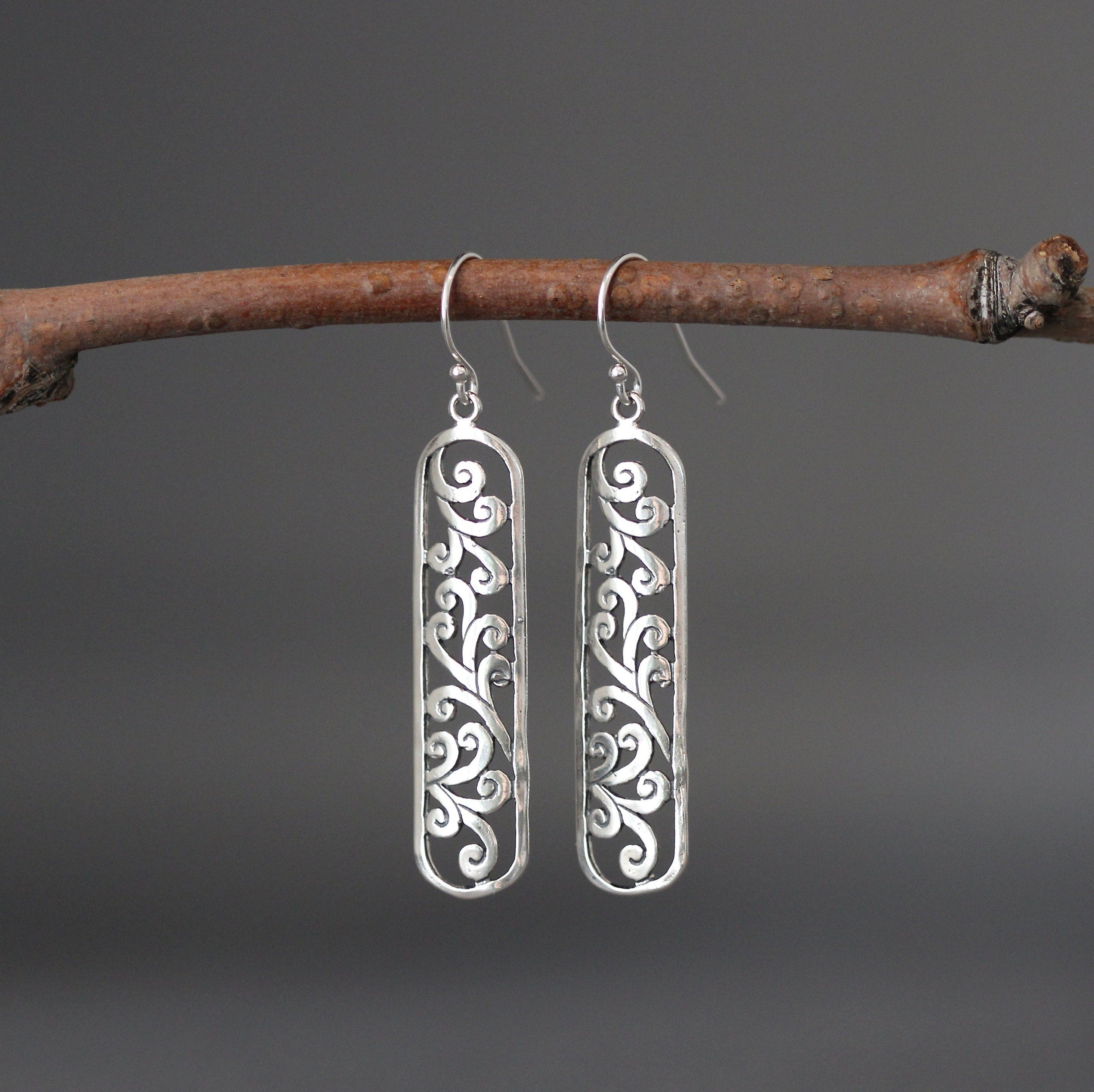 Long Bali Sterling Silver Filigree Scroll Dangle Earrings