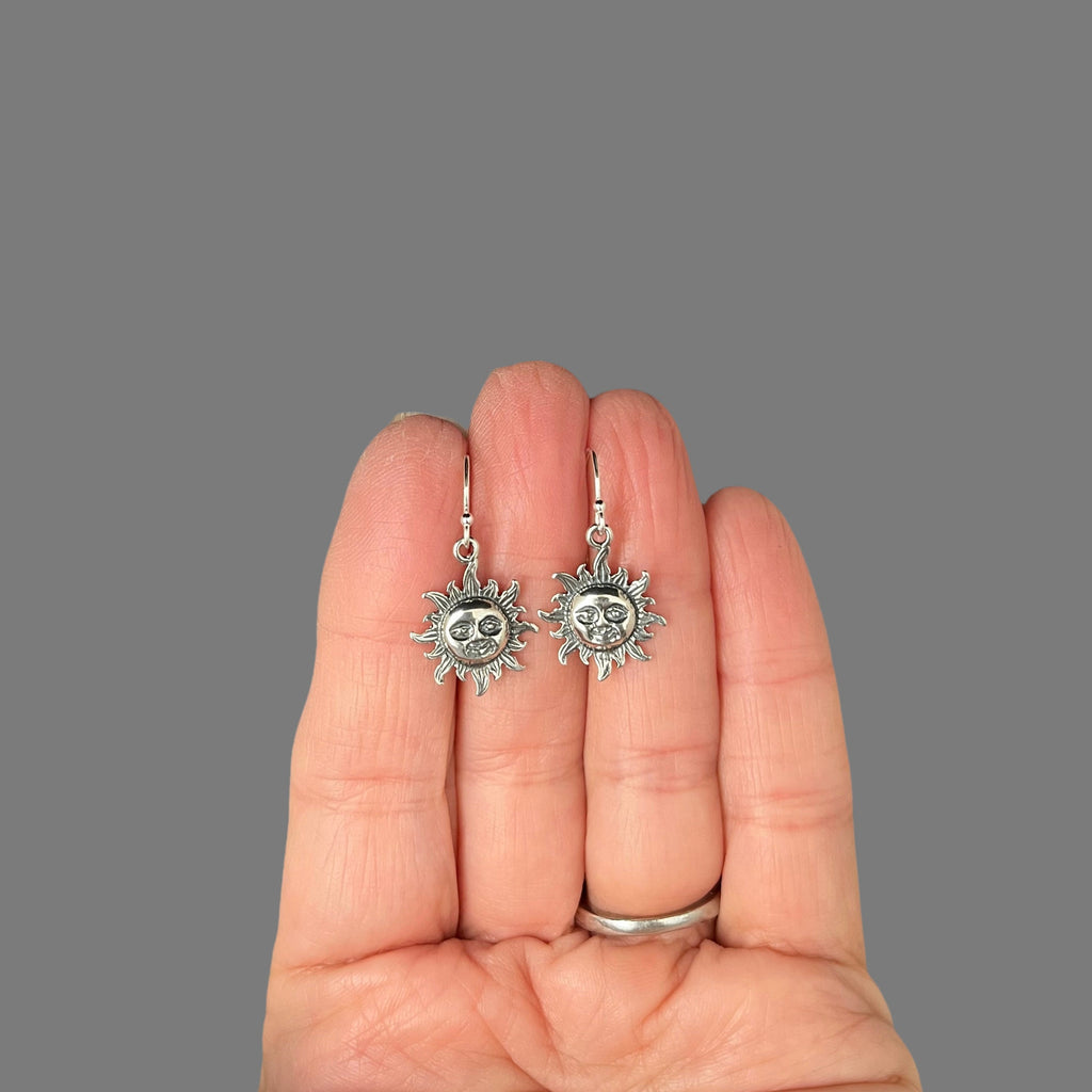 Bali Silver Sun Face Charm Dangle Earrings