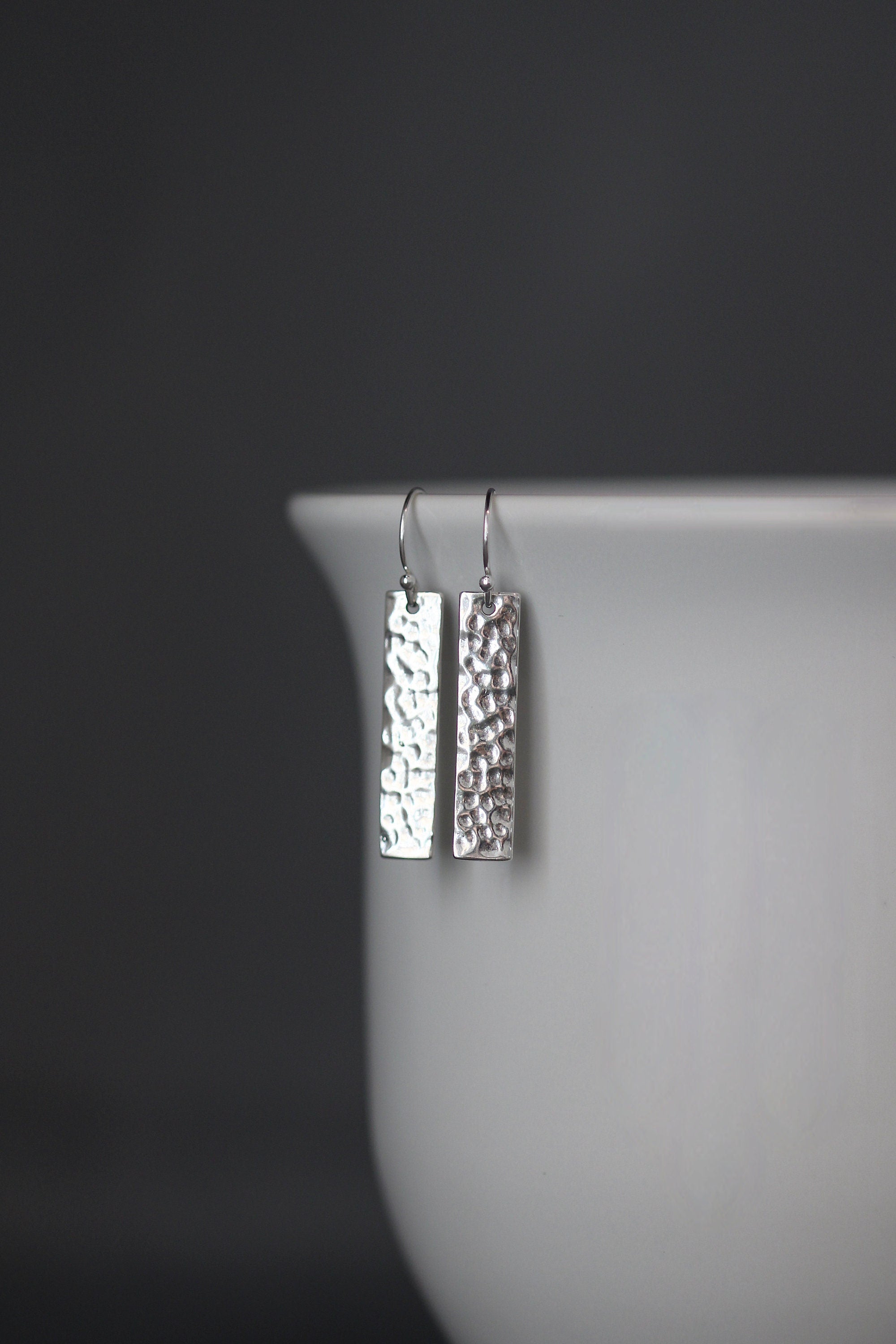 Hammered Bali Silver Rectangle Dangle Earrings