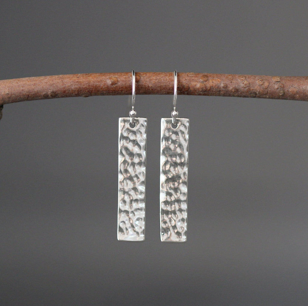 Hammered Bali Silver Rectangle Dangle Earrings