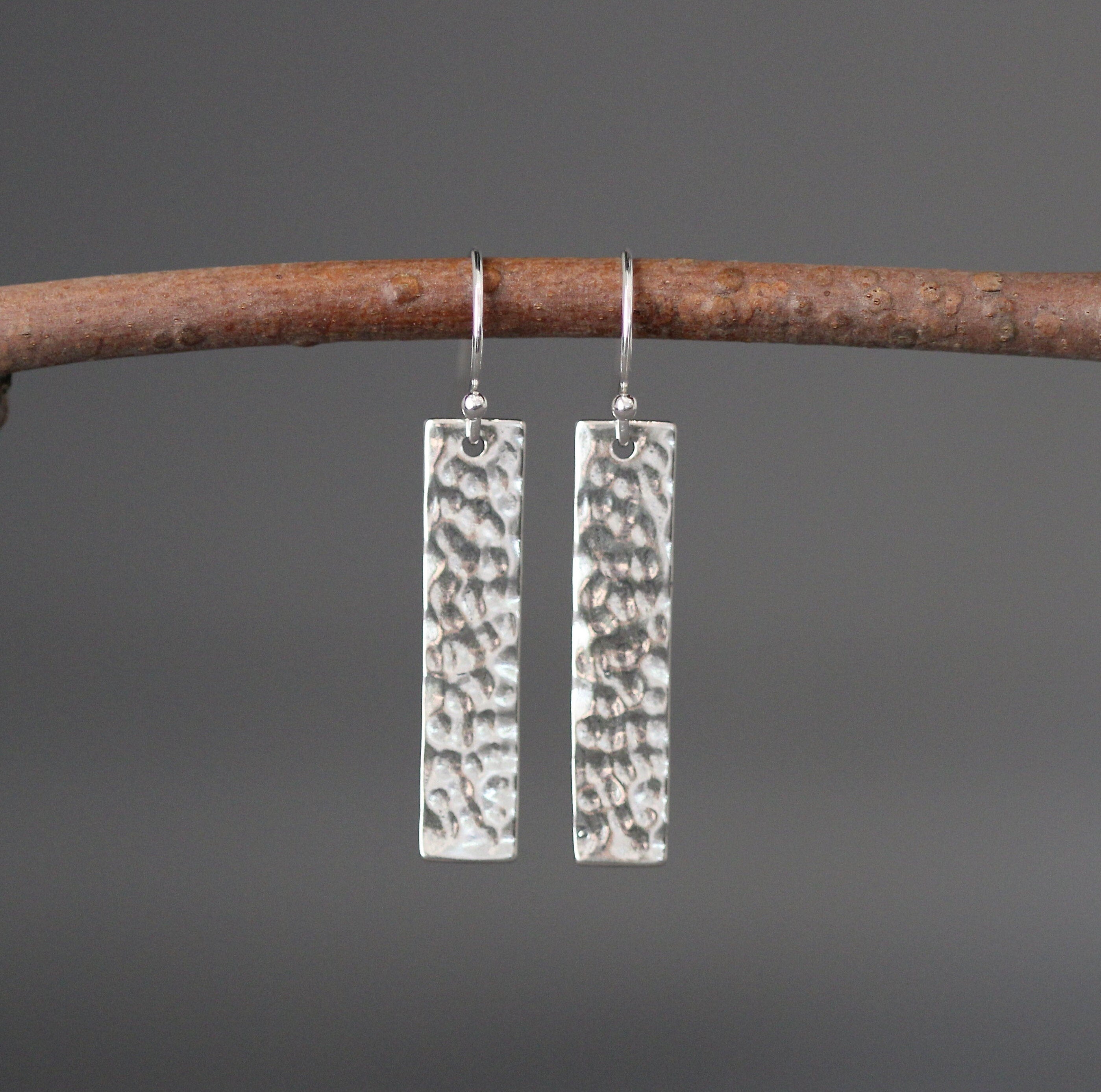 Hammered Bali Silver Rectangle Dangle Earrings