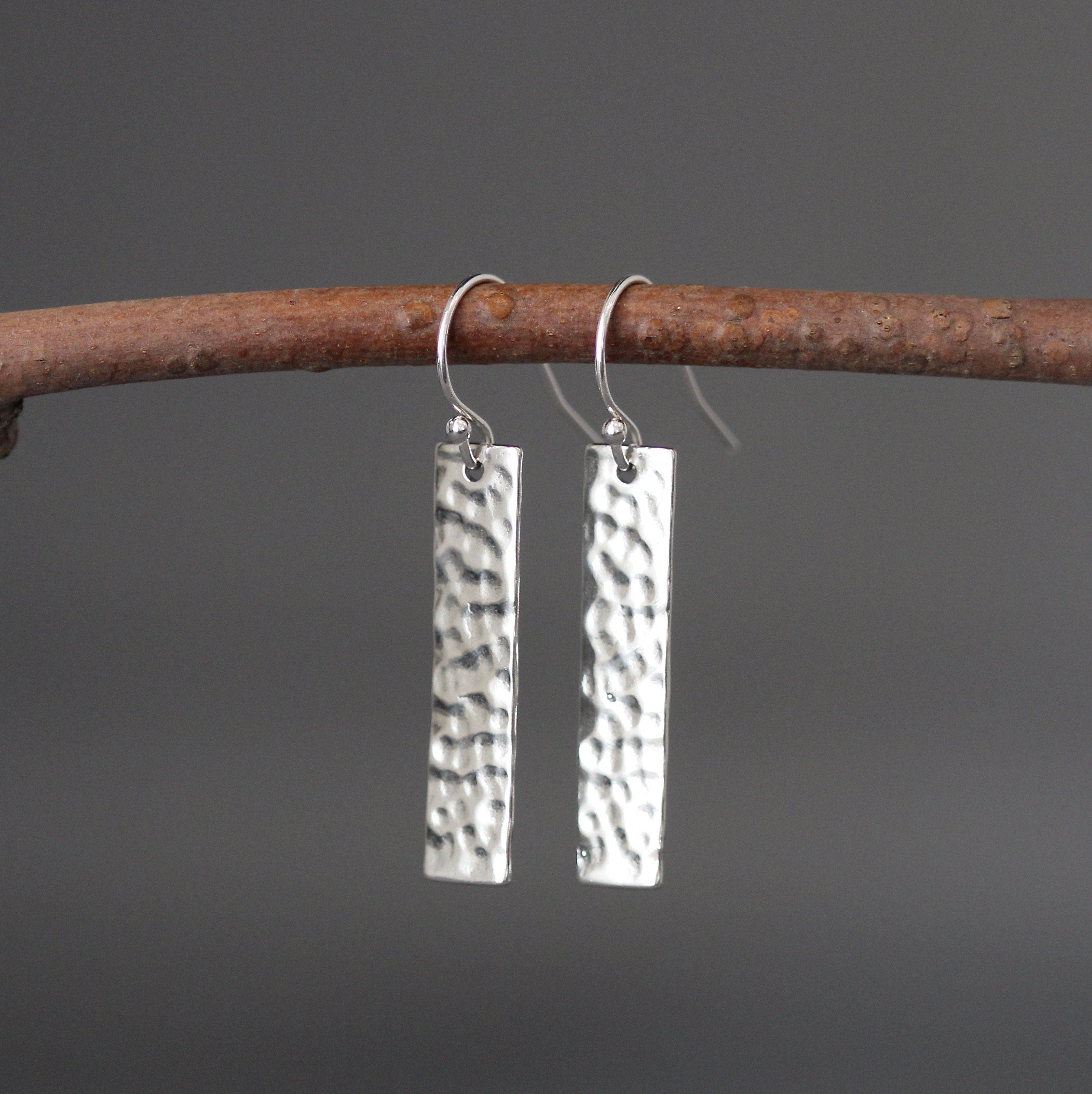 Hammered Bali Silver Rectangle Dangle Earrings