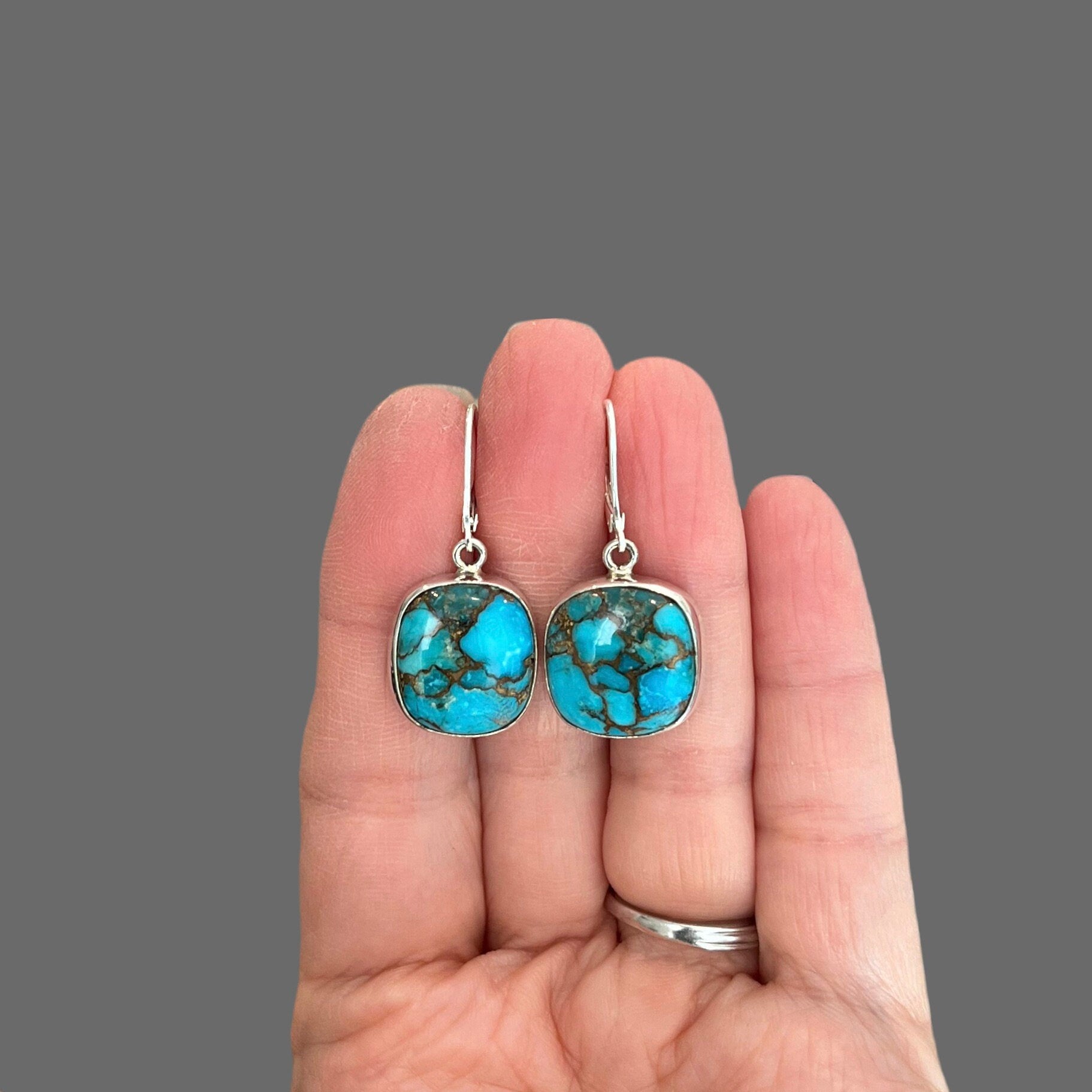 Copper Turquoise Square Cabochon Bezel Dangle Earrings in Sterling Silver