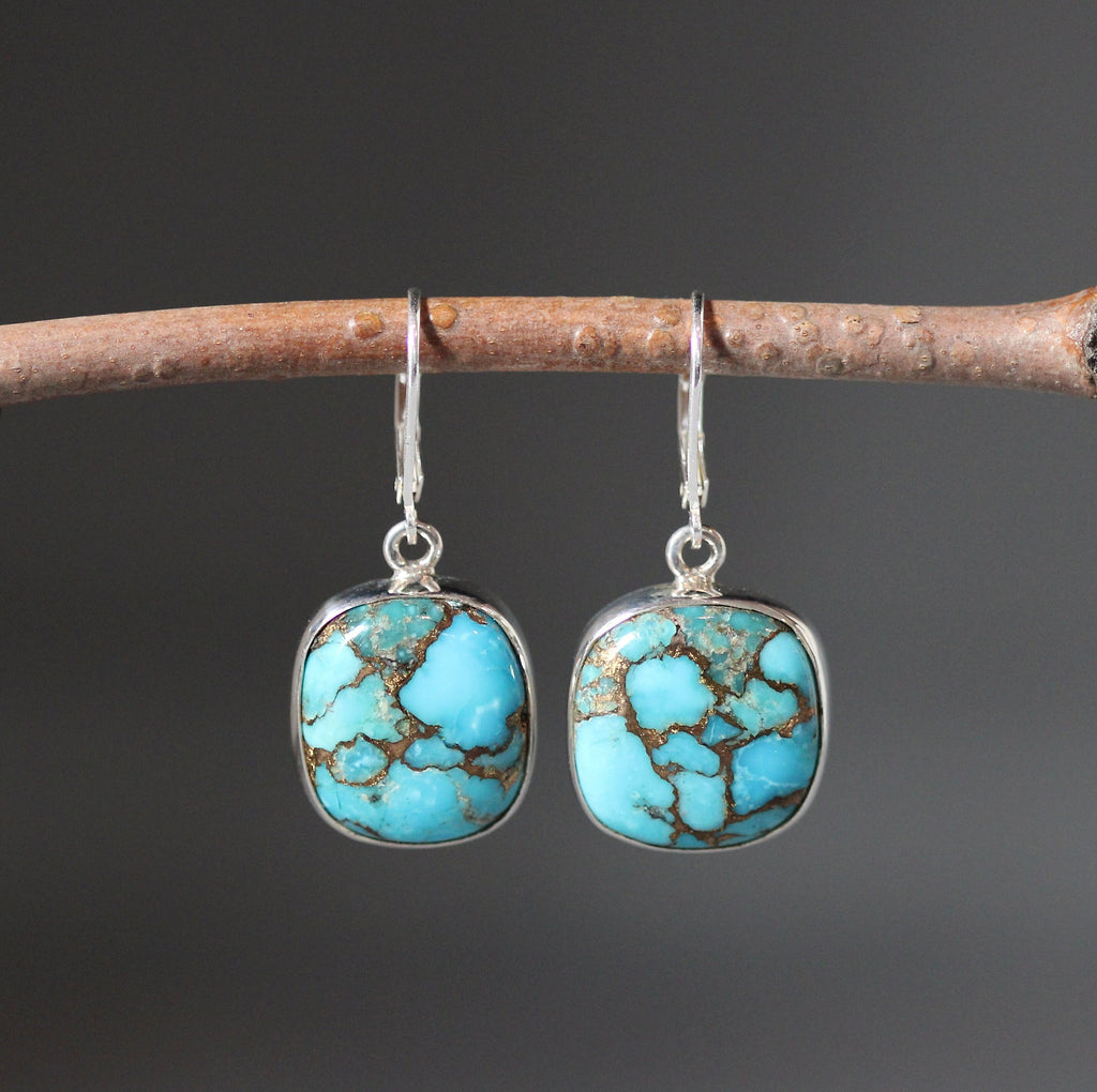 Copper Turquoise Square Cabochon Bezel Dangle Earrings in Sterling Silver