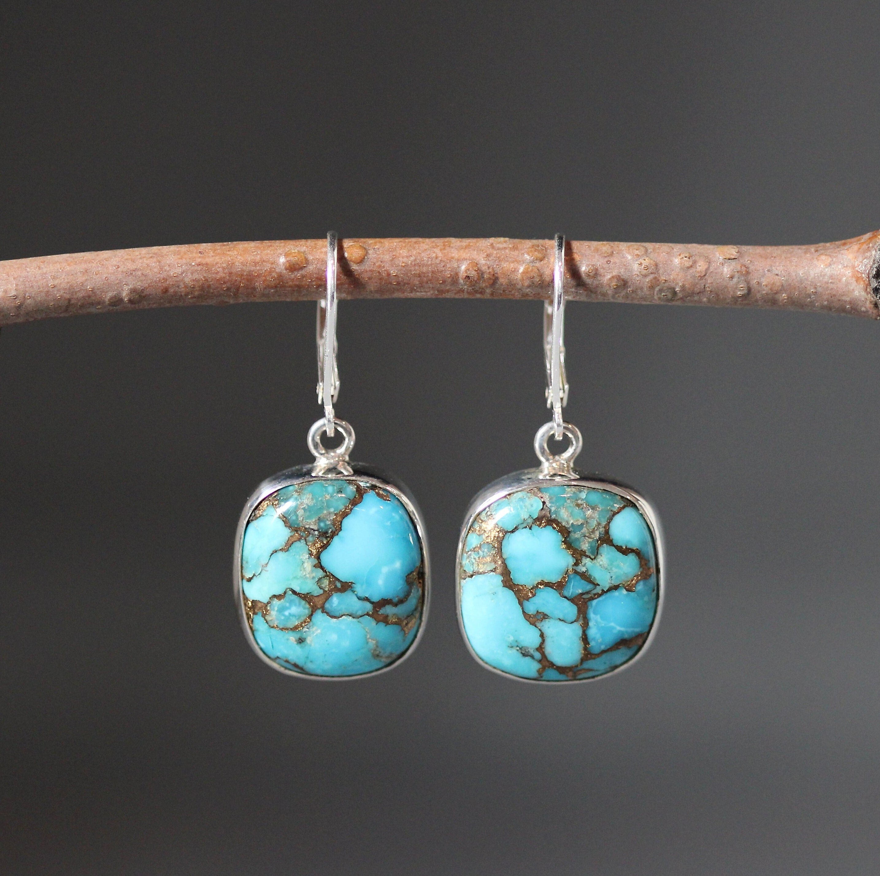 Copper Turquoise Square Cabochon Bezel Dangle Earrings in Sterling Silver