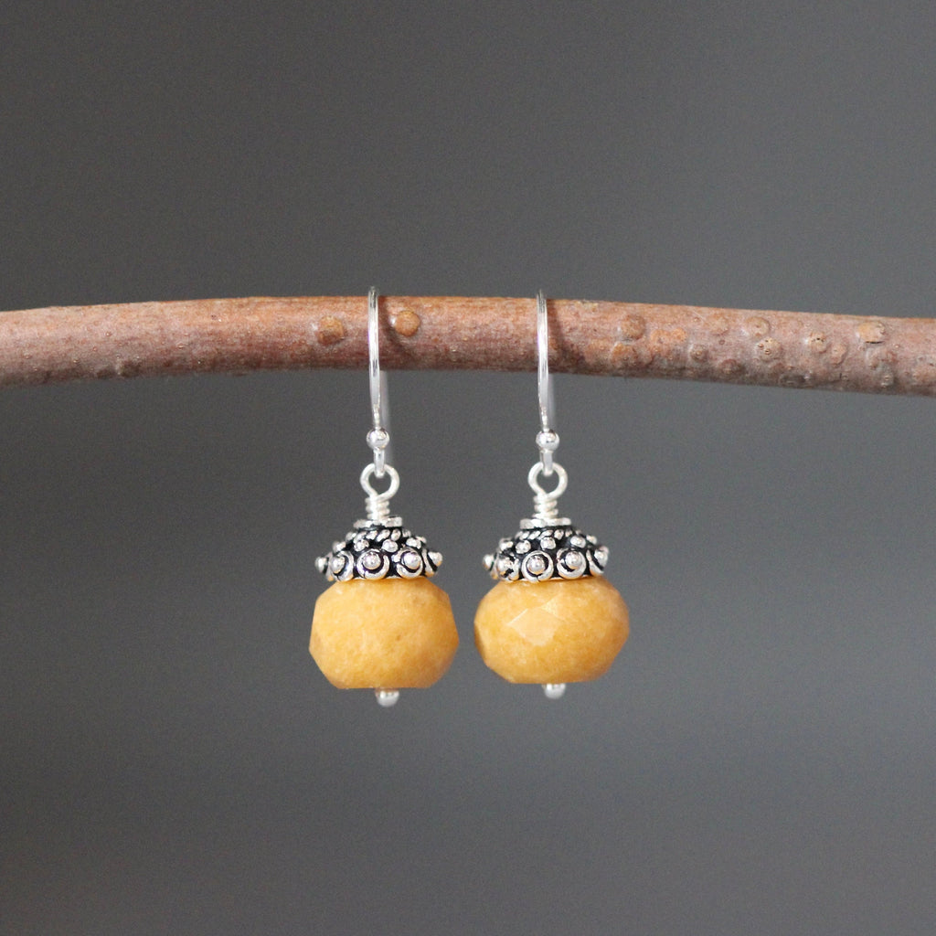Mustard Yellow Jade Button Earrings with Sterling Silver Caps