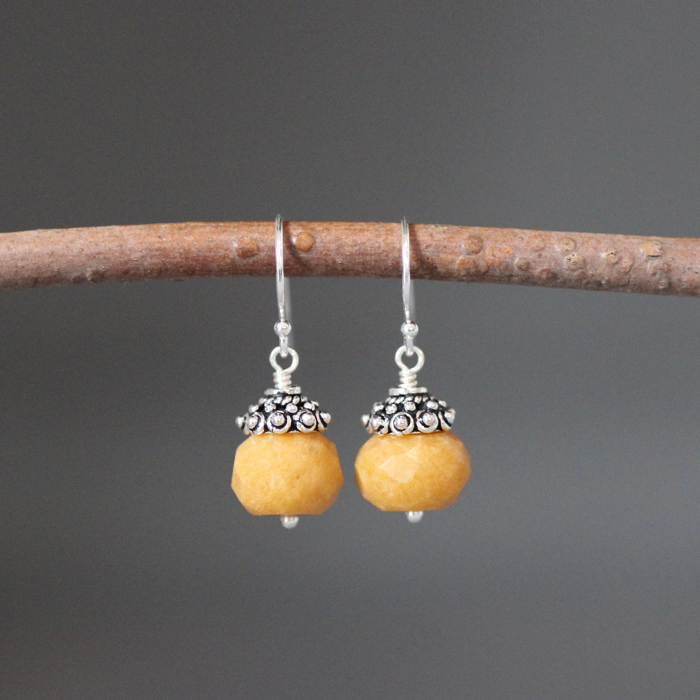 Mustard Yellow Jade Button Earrings with Sterling Silver Caps